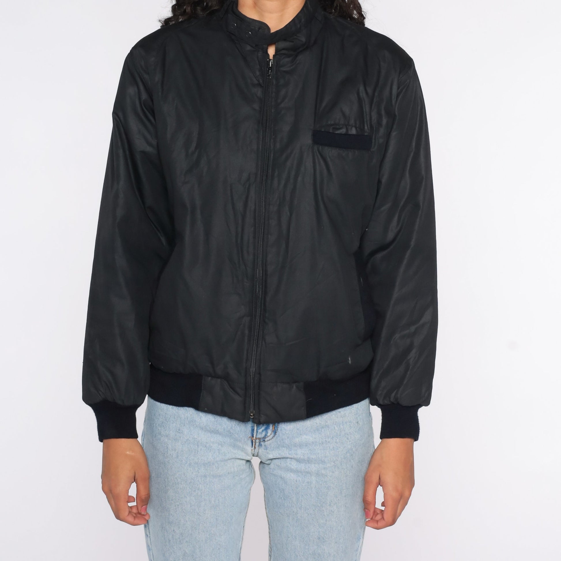 80s Black Bomber Jacket Epaulette Windbreaker Cafe Racer Small