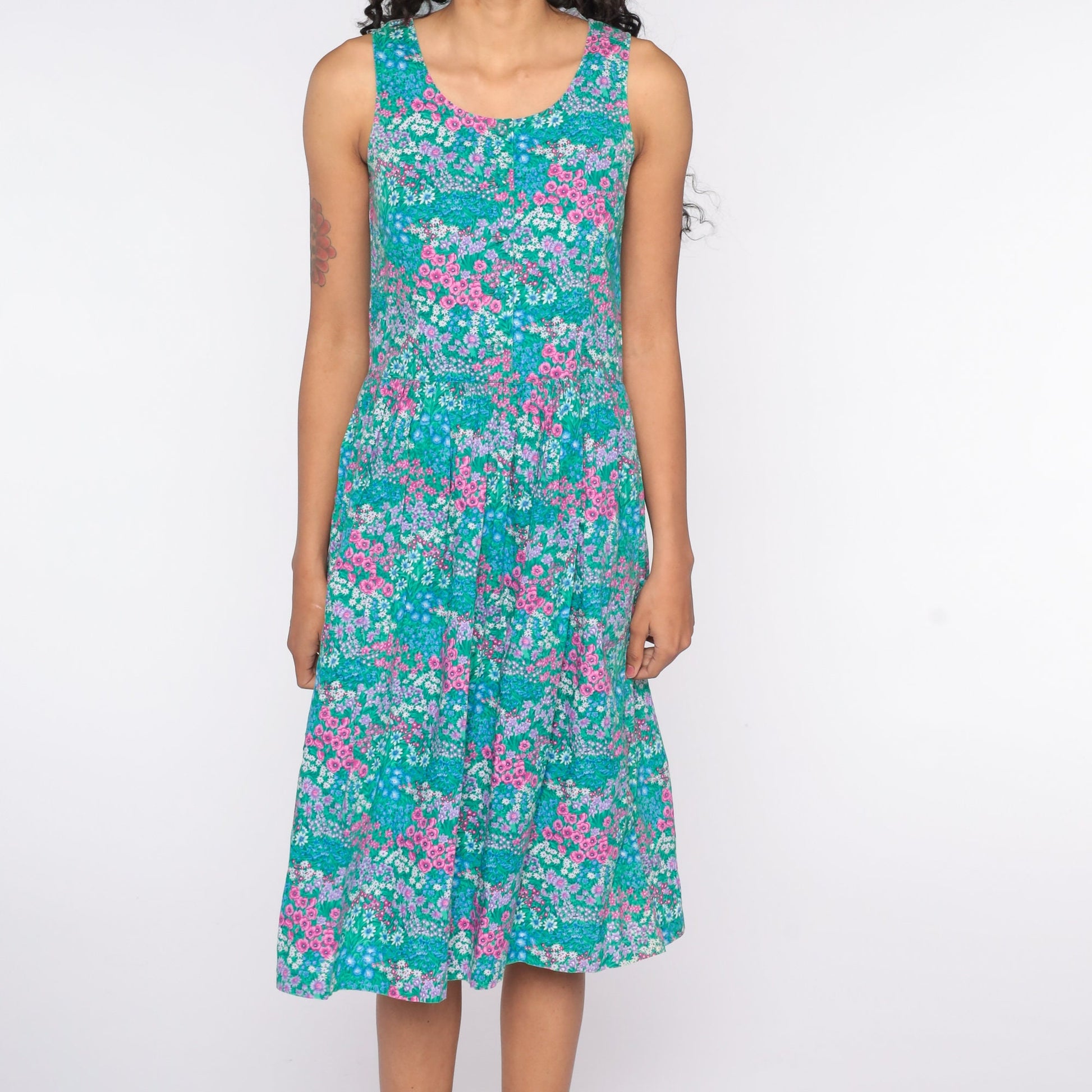 90s Kathy Sunada Floral Jumper Dress Green Midi Button Front Small