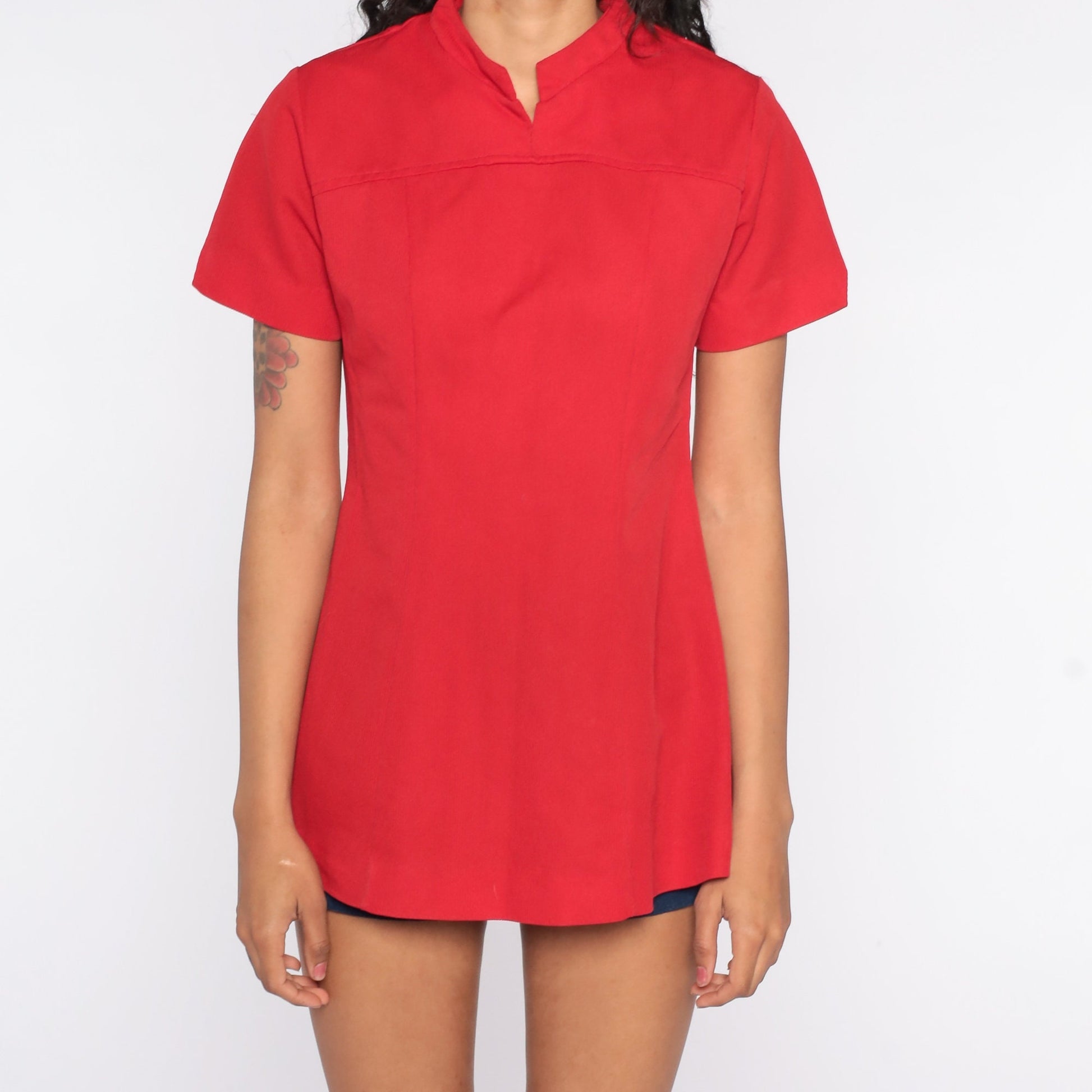 70s Red Mandarin Collar Shirt Polyester Short Sleeve Blouse Medium