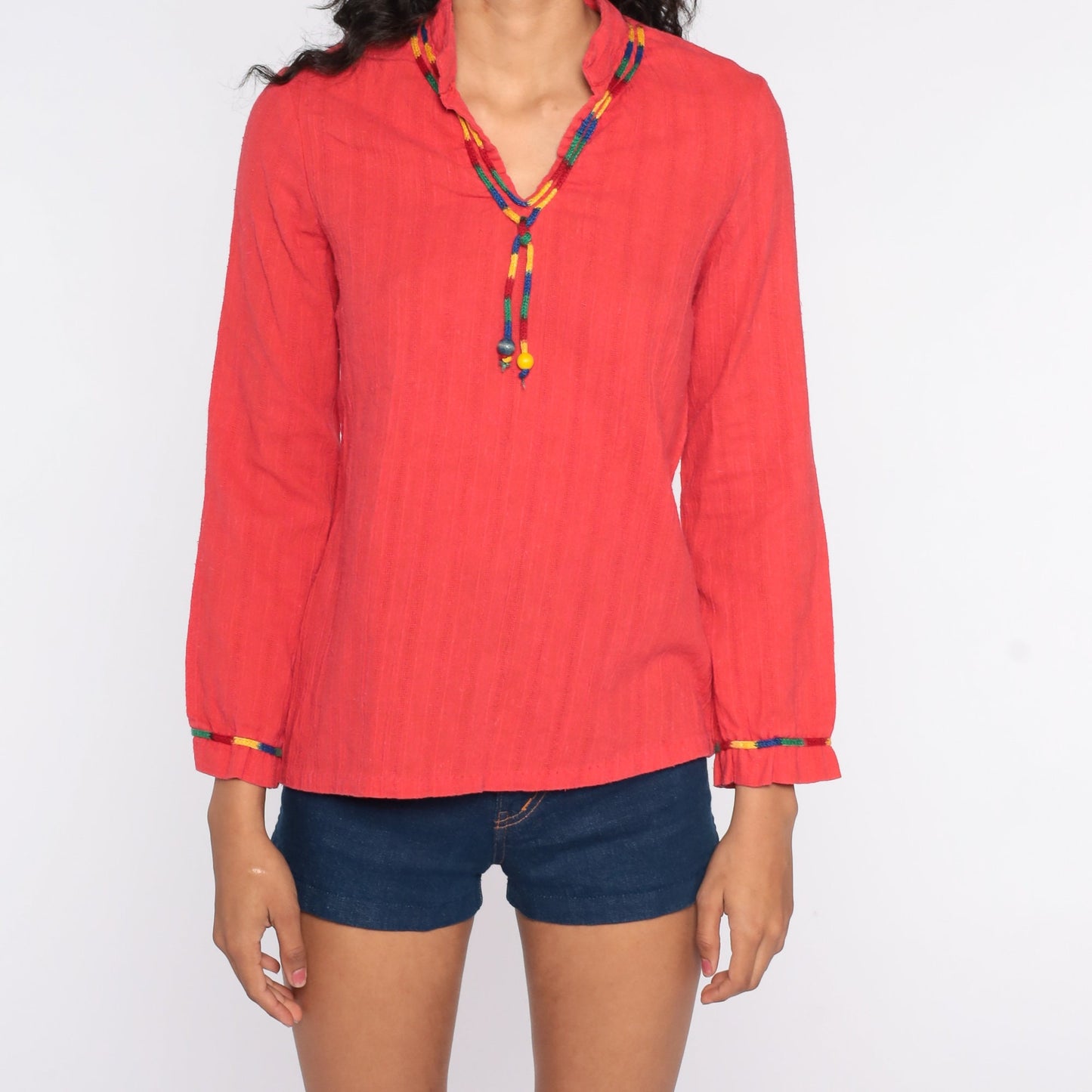 70s Red Cotton Tunic Top V-Neck Long Sleeve Vintage Blouse Small