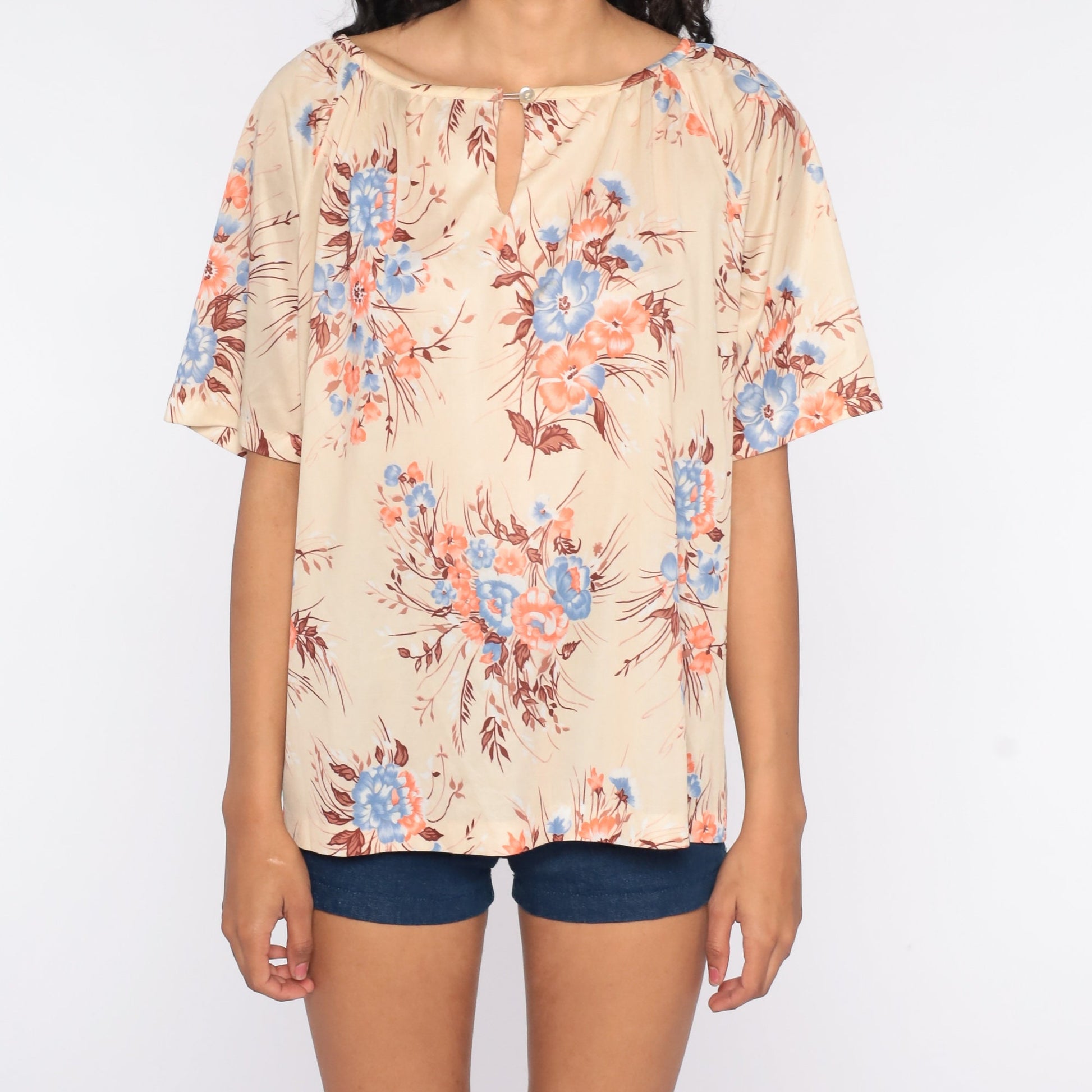 70s Floral Keyhole Blouse Cream Short Sleeve Vintage Shirt Large