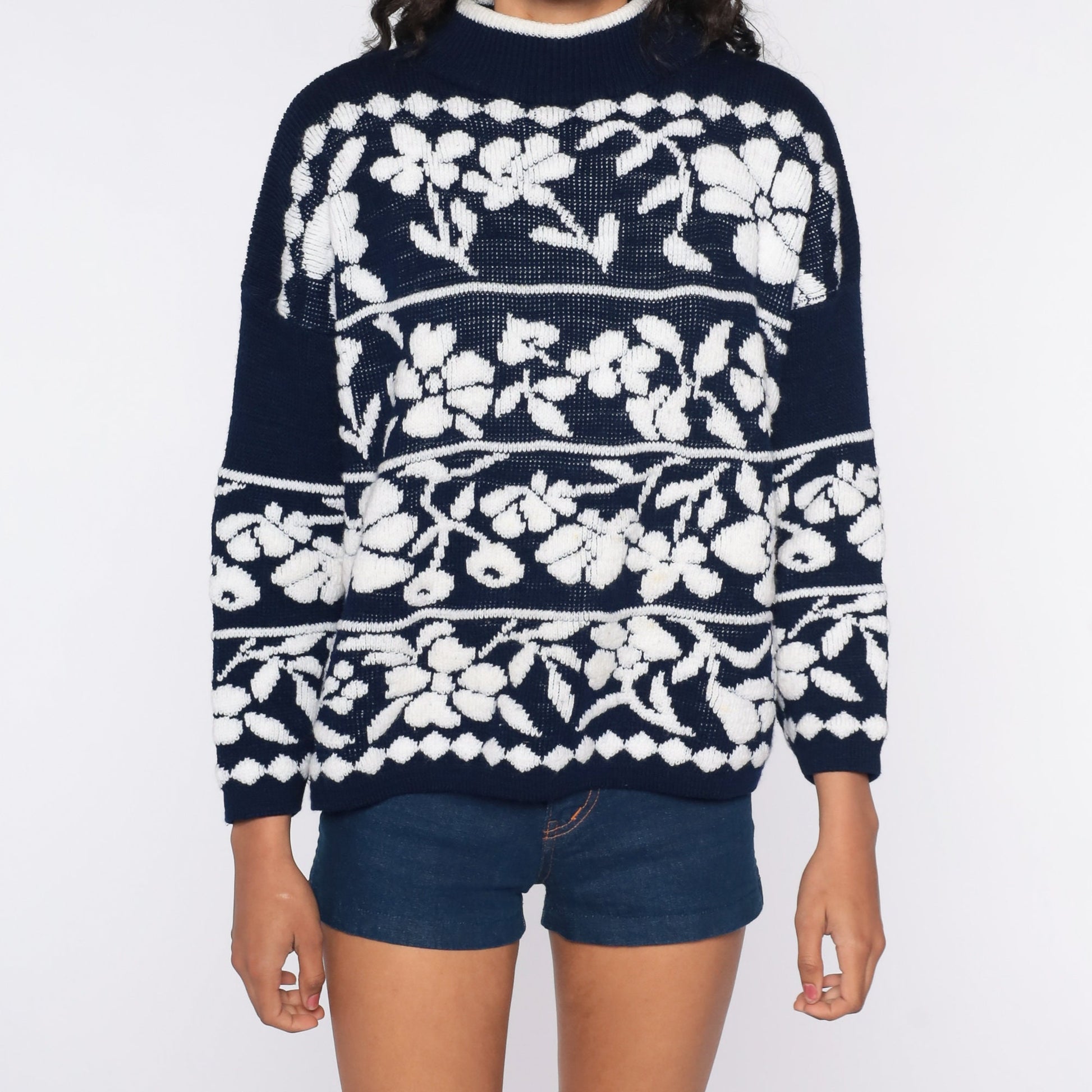 80s Floral Mock Neck Sweater Navy Blue Pullover Large