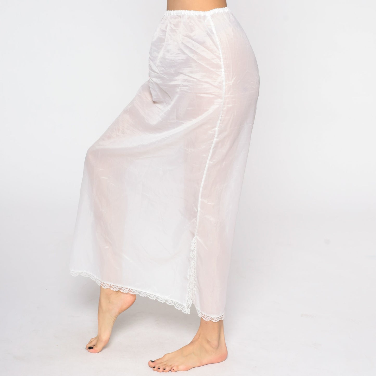 70s White Sheer Slip Skirt Lace Trim Maxi Small Medium