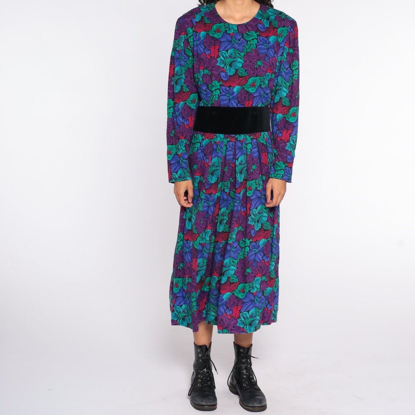 80s Floral Midi Dress High Waist Long Sleeve Pleated Print Medium