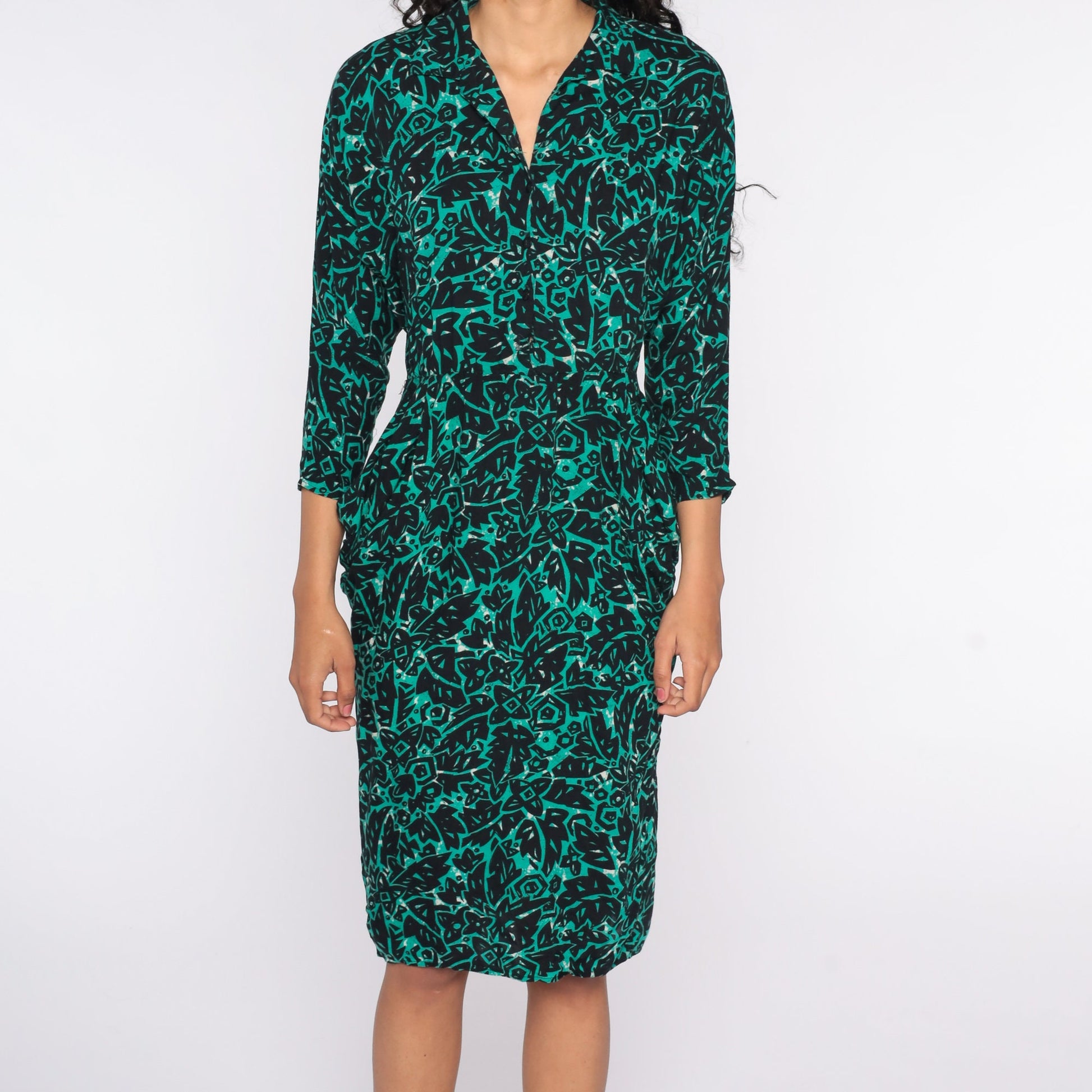 80s Tropical Jungle Print Midi Dress High Waisted Pencil Button Up Green Small