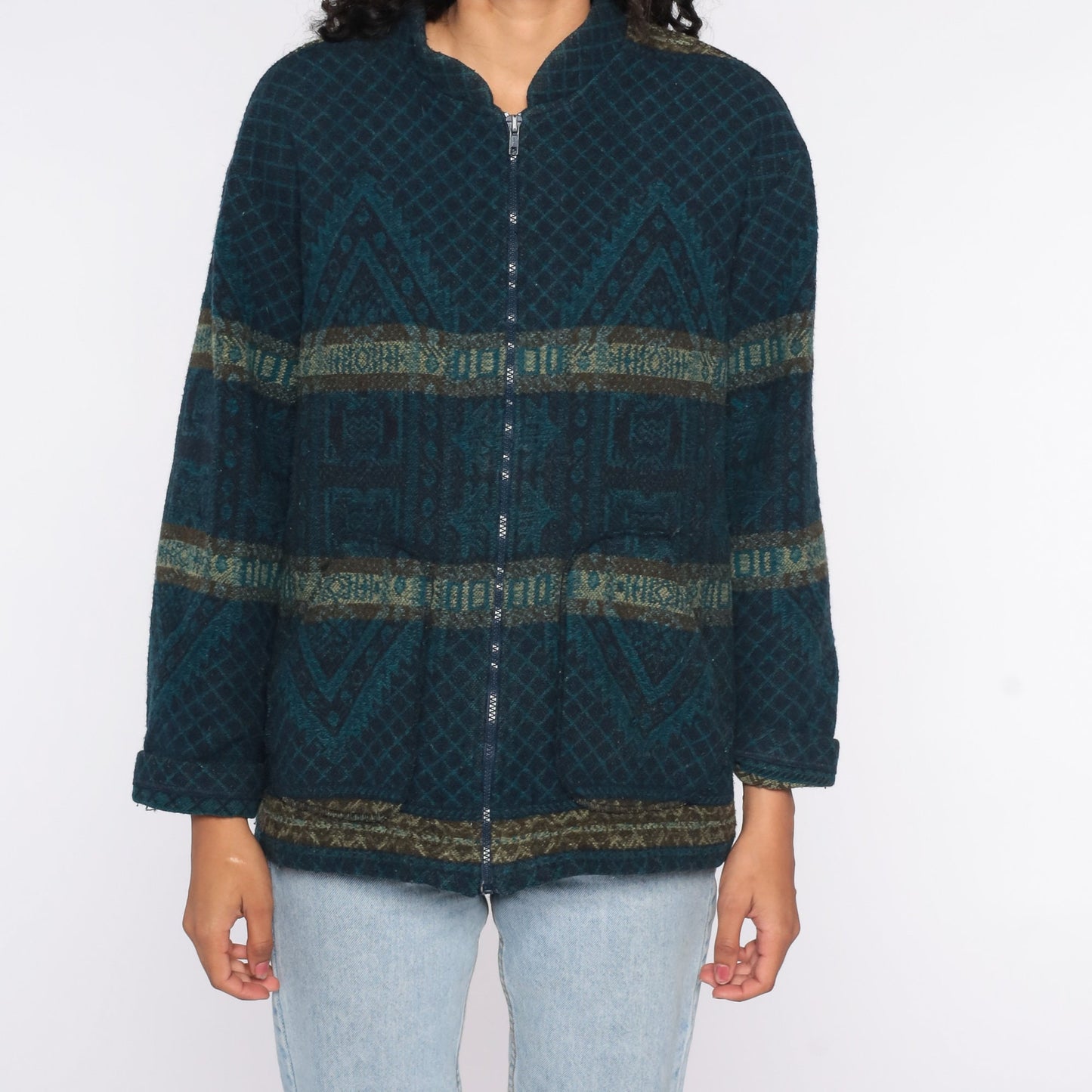 90s Geometric Zip Jacket Navy Blue Extra Large XXL