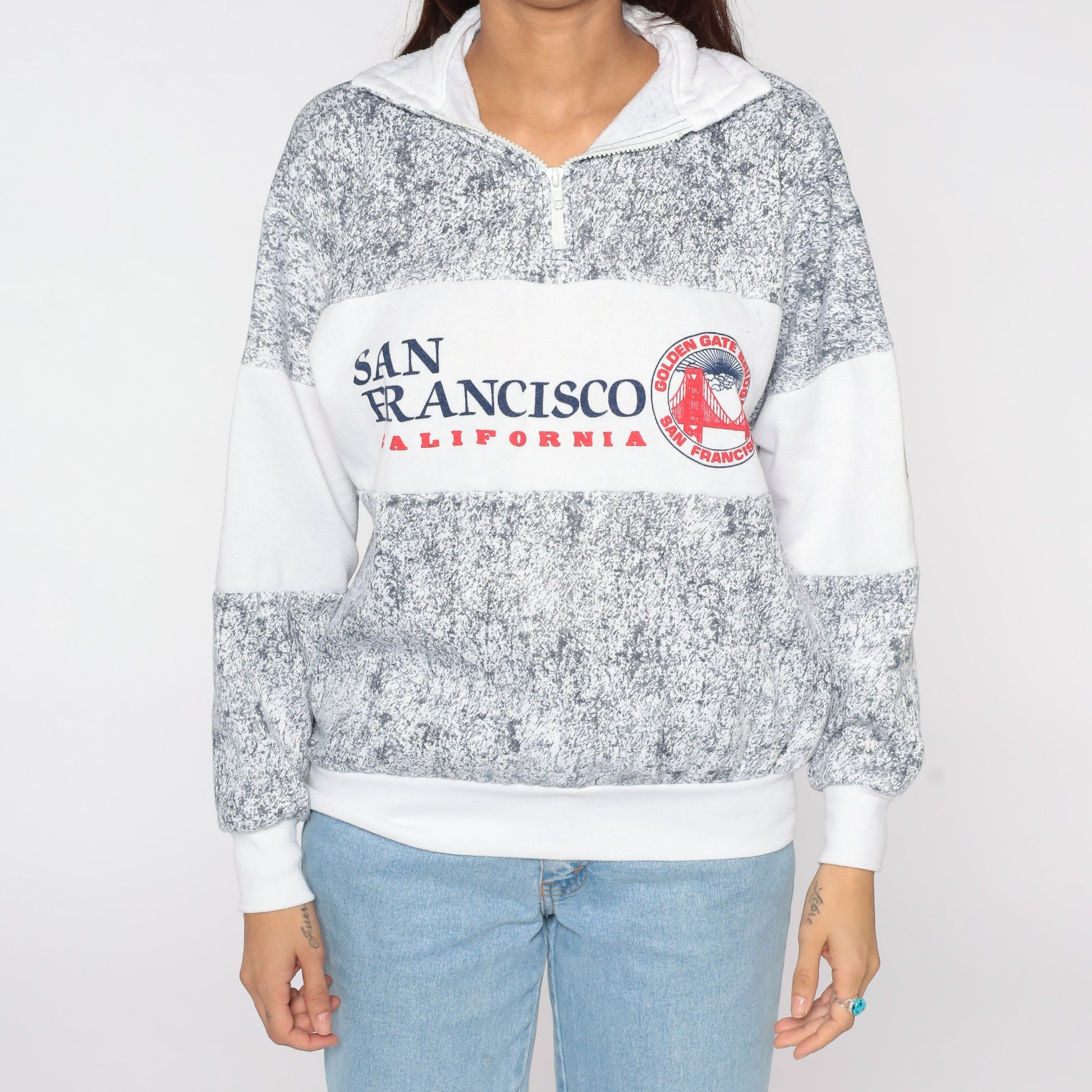 80s San Francisco Golden Gate Bridge Quarter Zip Sweatshirt Grey Large L