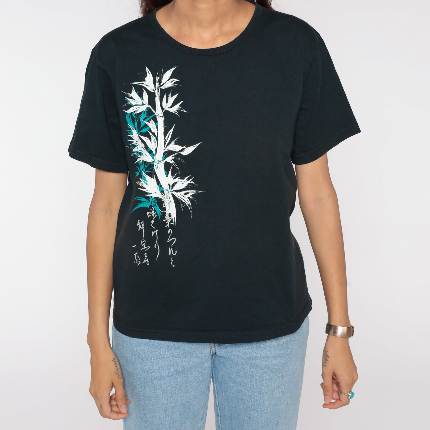 90s Bamboo Print Graphic T-Shirt Black Cotton Tee Medium
