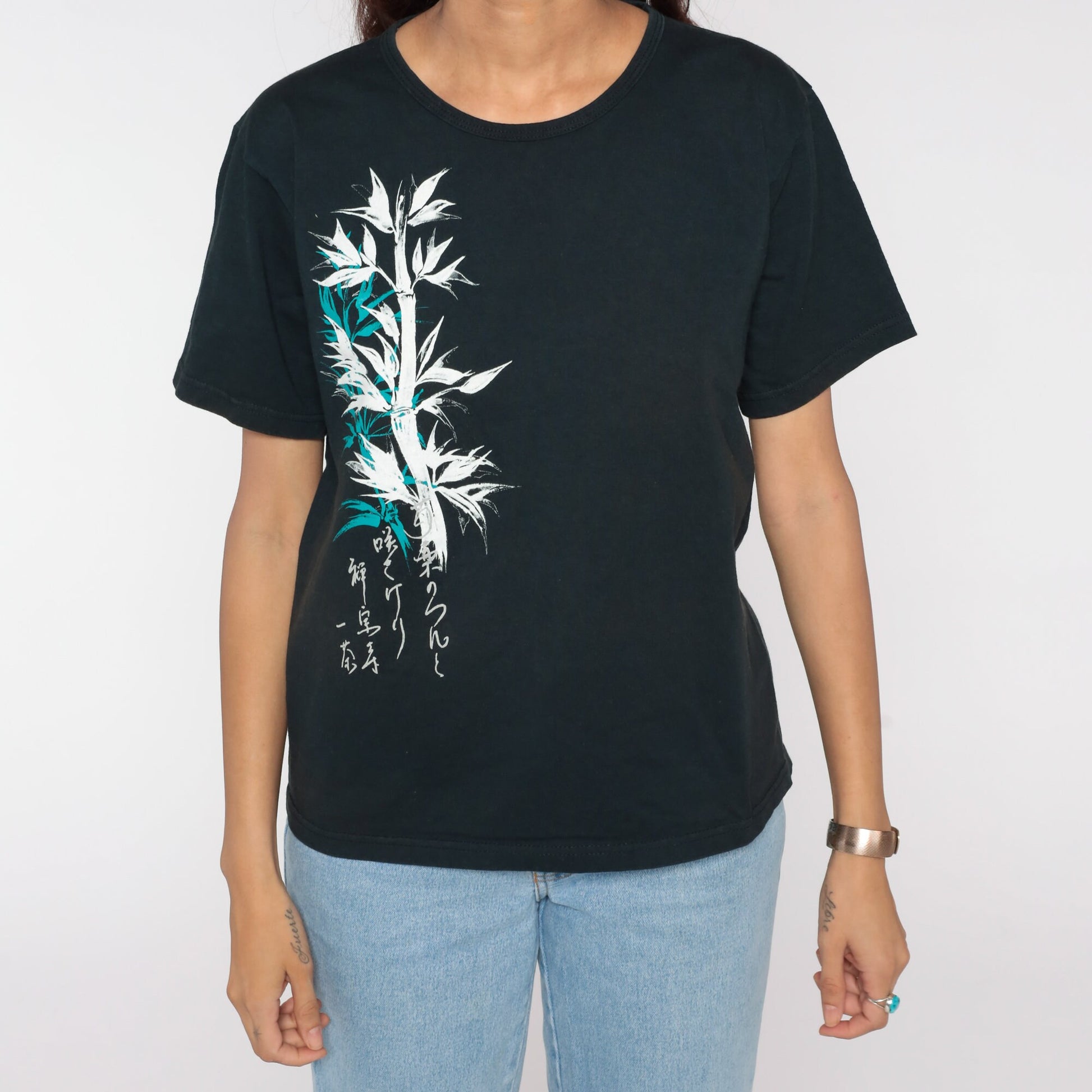 90s Bamboo Print Graphic T-Shirt Black Cotton Tee Medium