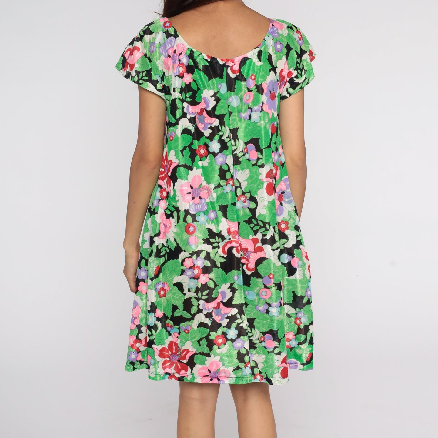 70s Floral Mini Dress Tent Cut Hippie Peasant Vintage Summer Medium Large