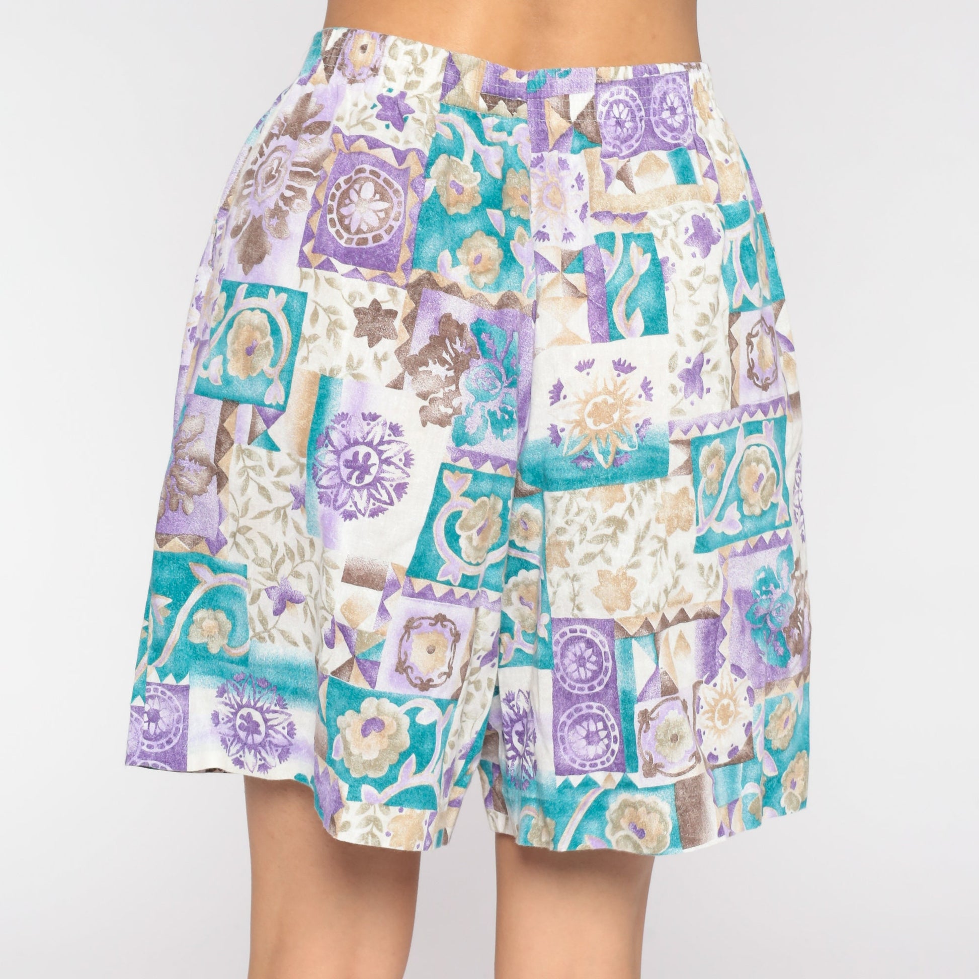 90s Floral High-Waisted Shorts Purple Turquoise Baggy Wide Leg Medium
