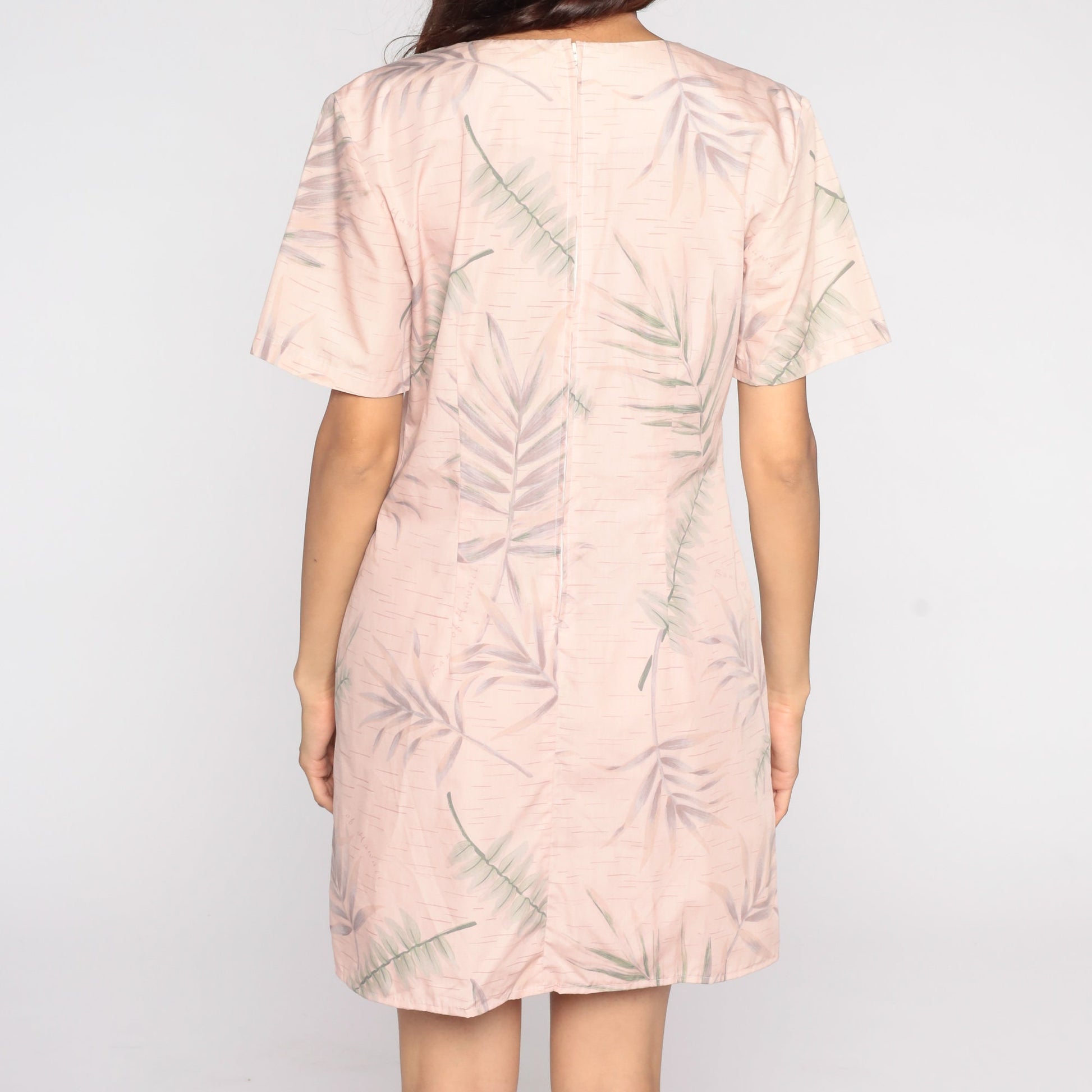 90s Hawaiian Print Mini Dress Pink Tropical Leaf Sheath Medium