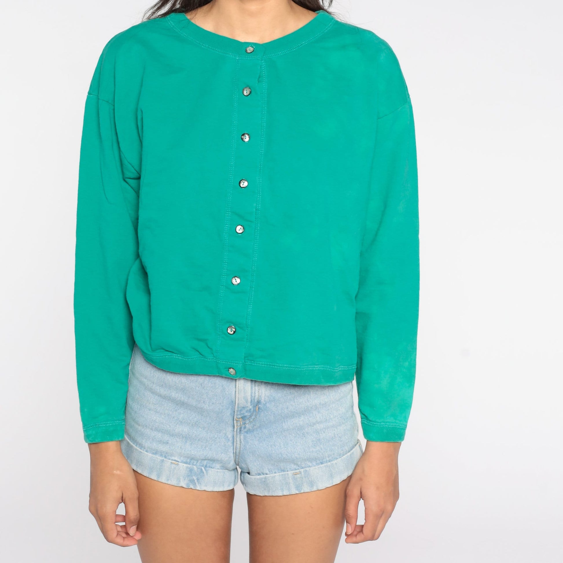 80s Green Button-Up Cardigan Sweatshirt Cotton Blend Large