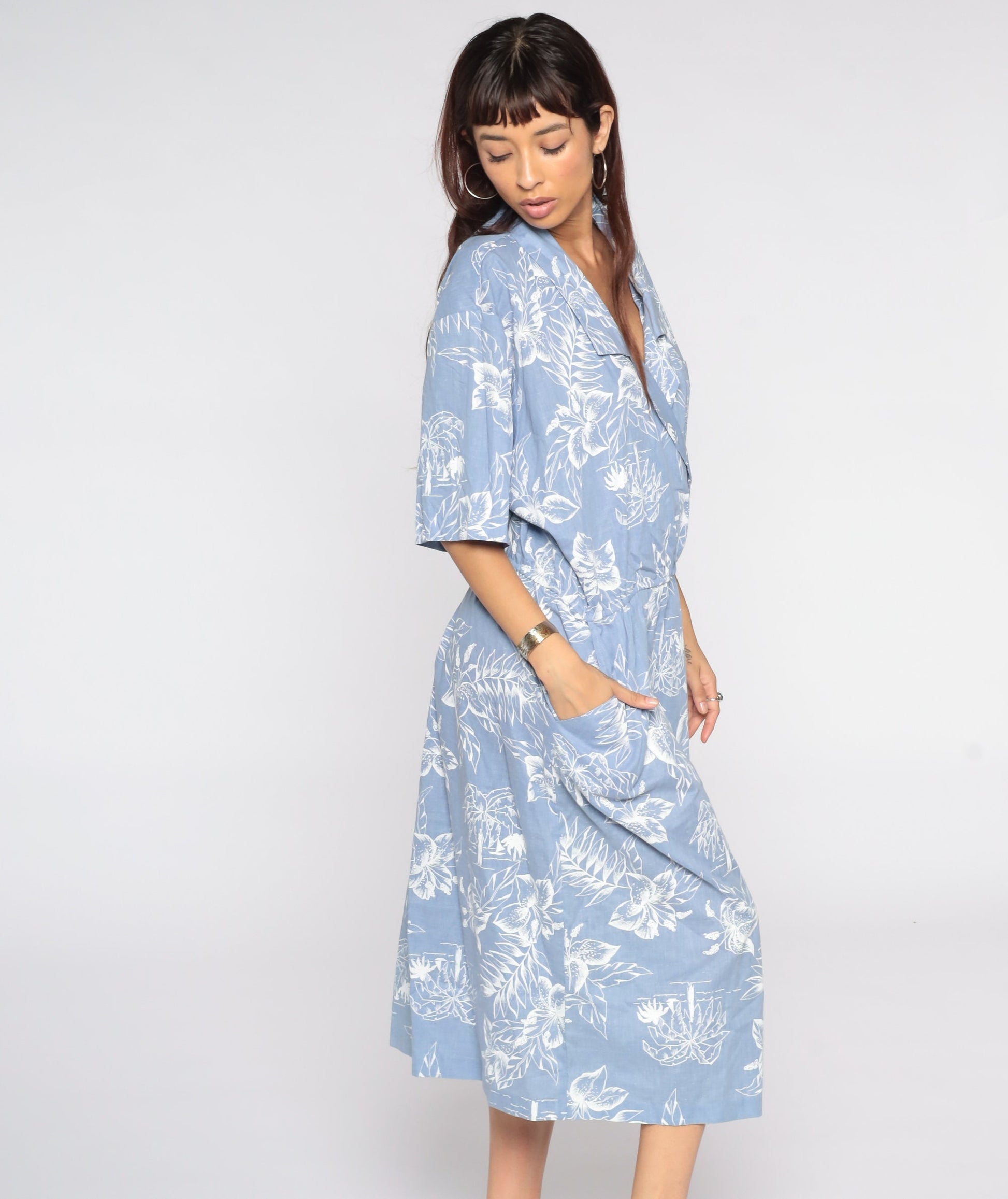 80s Tropical Palm Floral Midi Dress High Waist Wrap Blue Cotton Extra Large