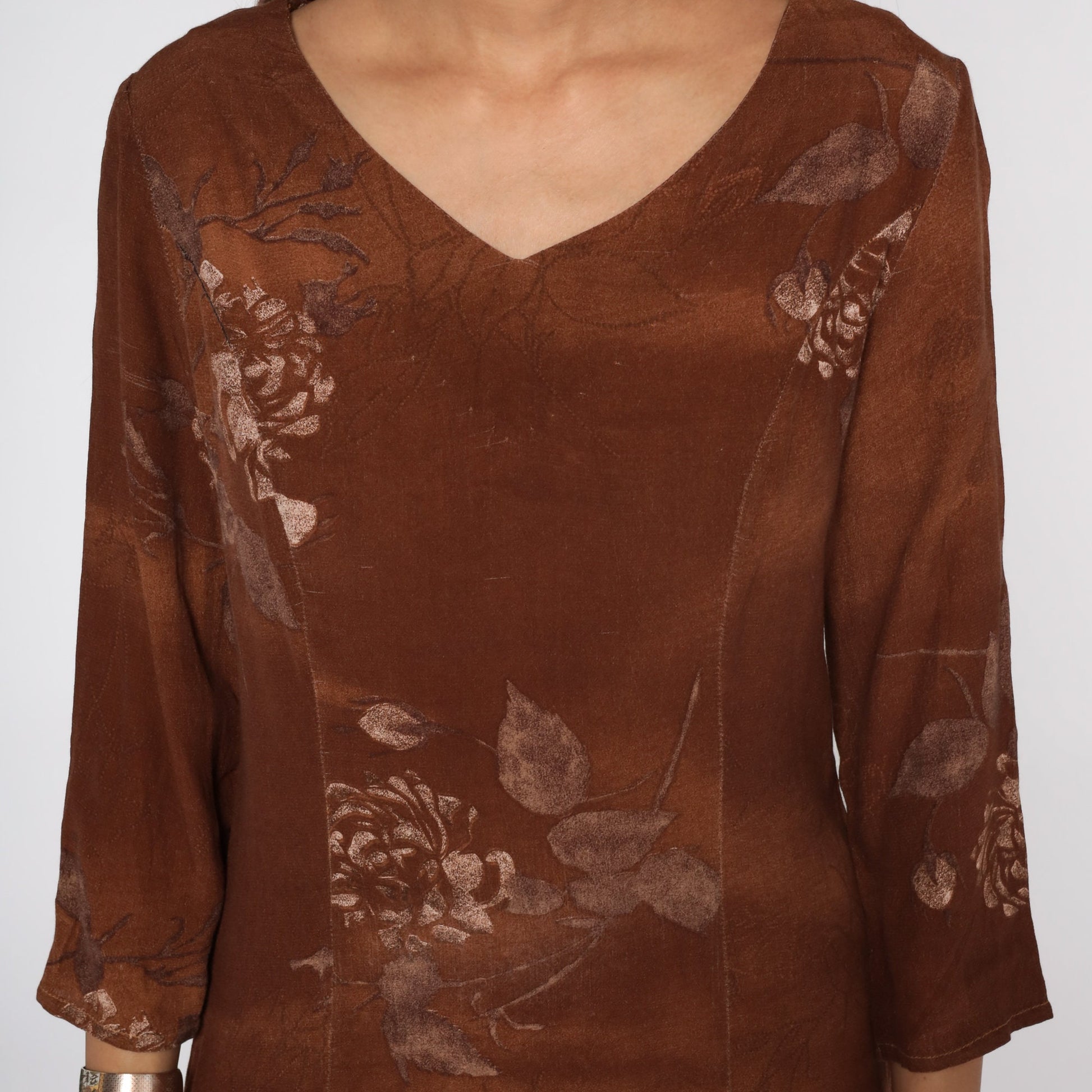 90s Brown Floral Rayon Dress Long Sleeve Maxi Small