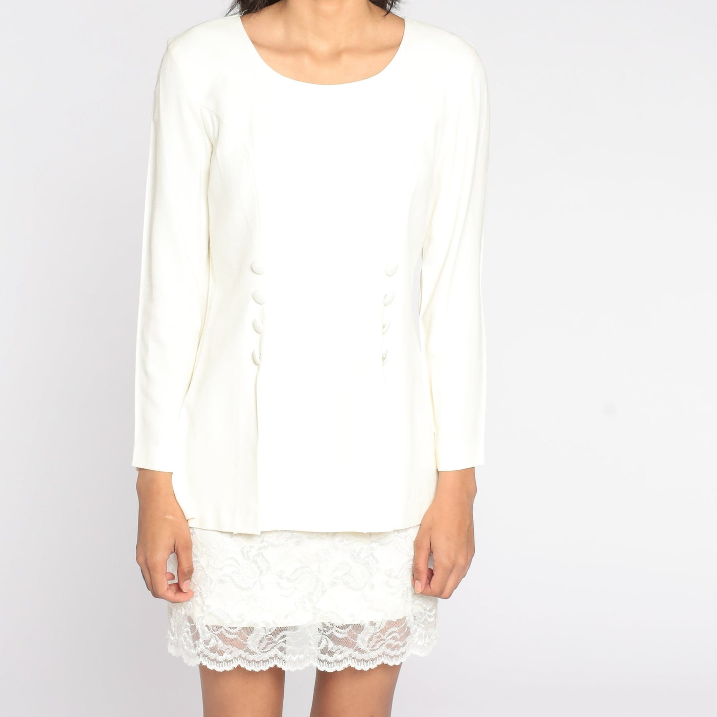 80s Cream Double Breasted Mini Dress Lace Trim Button Up Small