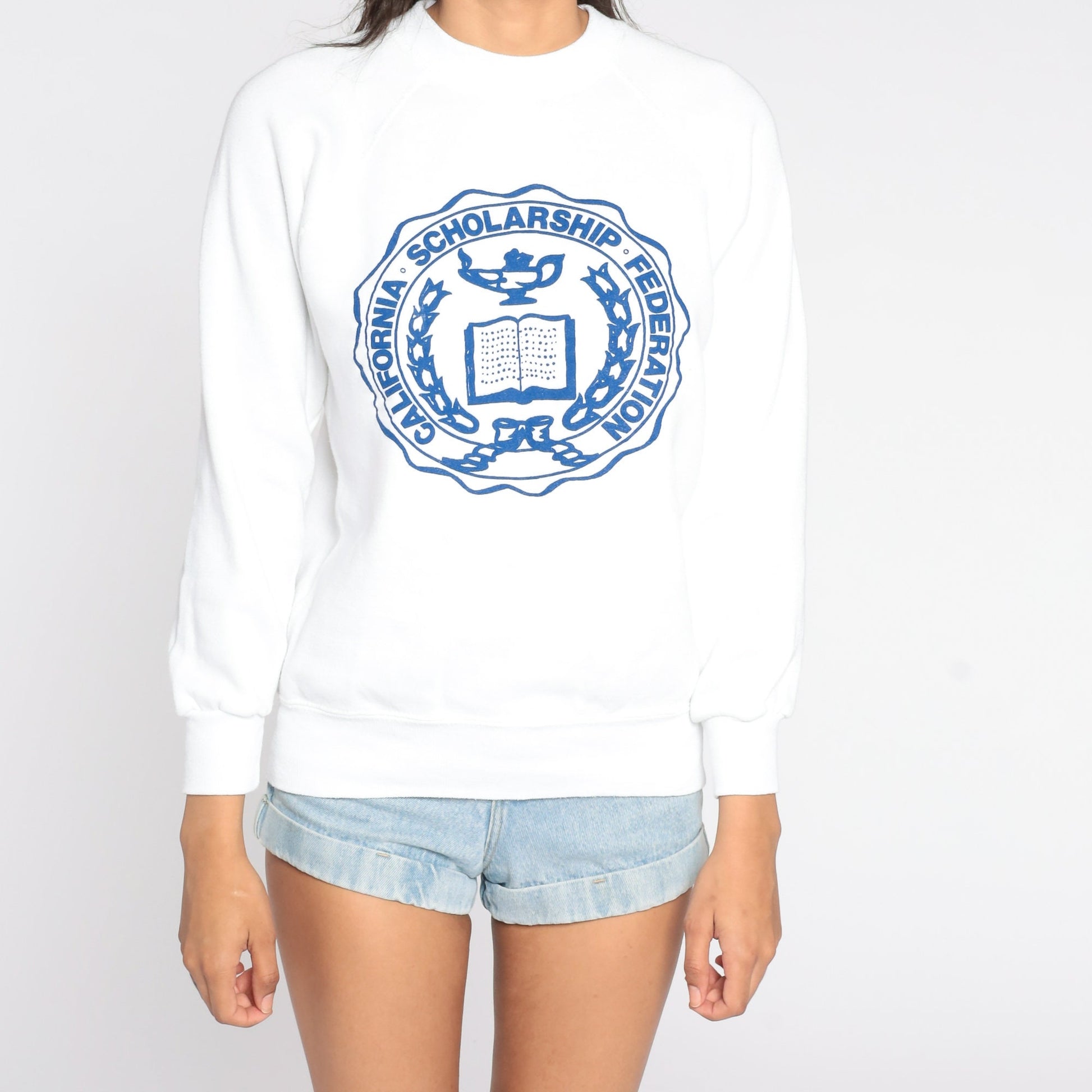 80s California Scholarship Federation Raglan Sweatshirt White Graphic Pullover Small