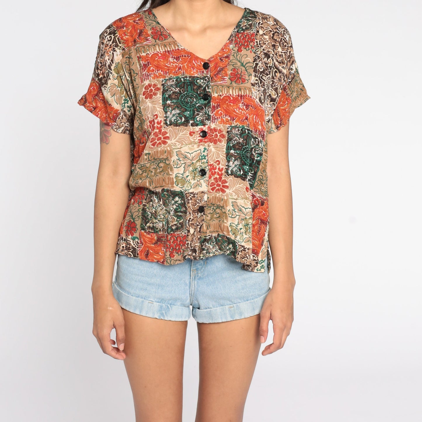 90s Patchwork Orange Floral Button-Up Shirt Rayon Blouse Medium
