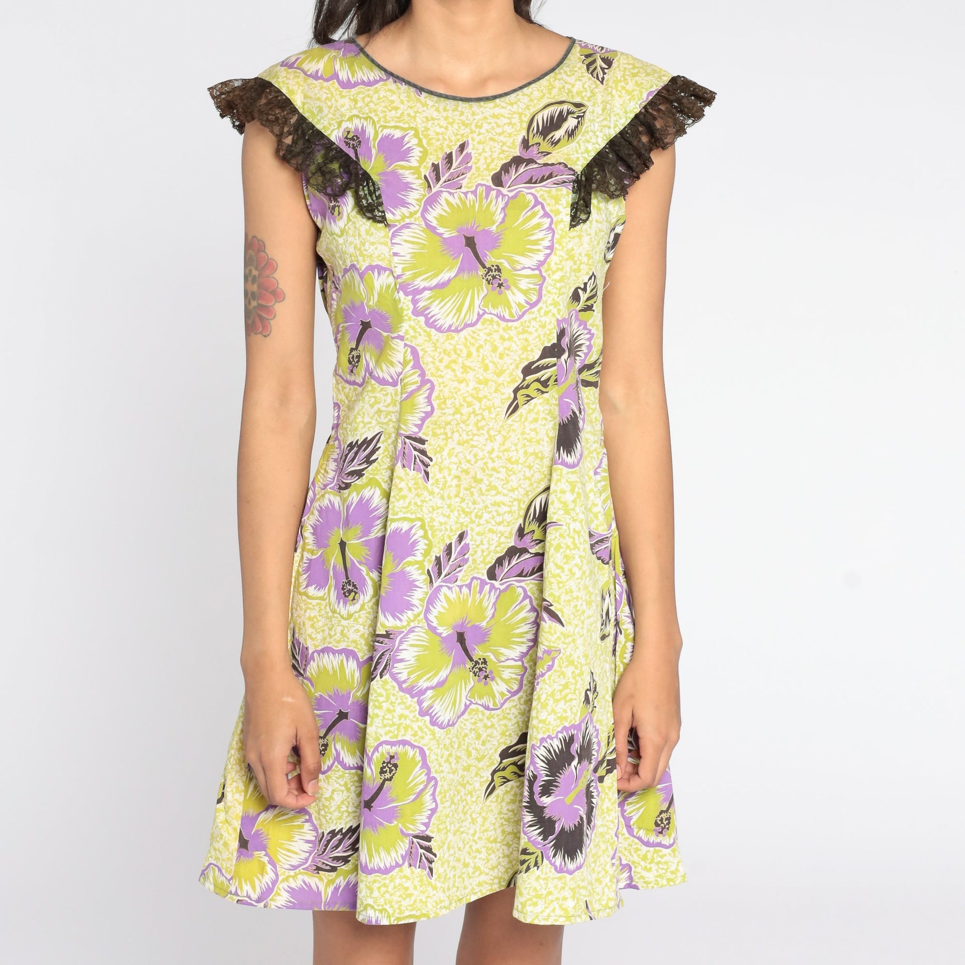 80s Yellow Floral Shift Dress Flutter Sleeve Midi Small