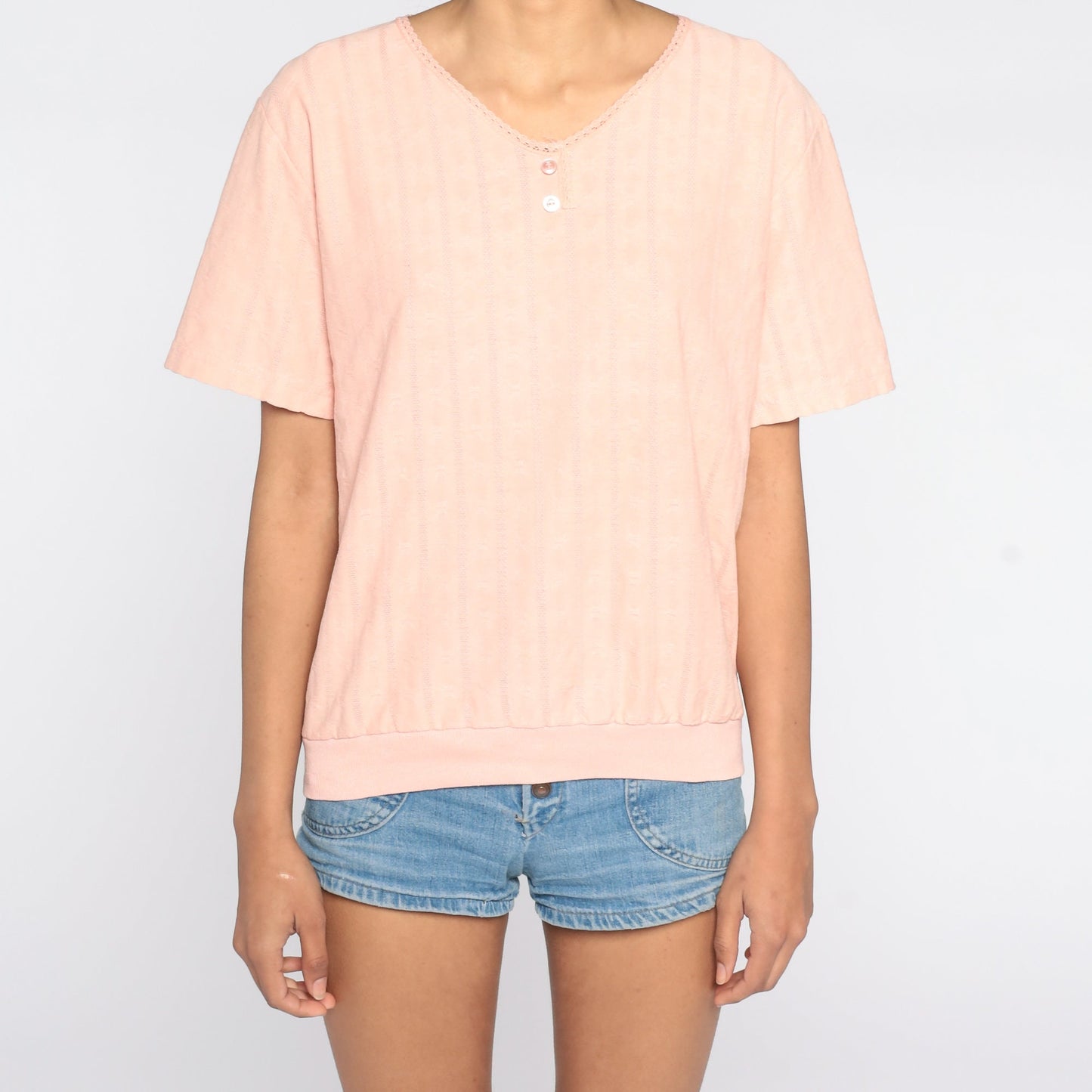 80s Peach Slouchy Shirt Ribbed Banded Hem Short Sleeve Small Medium