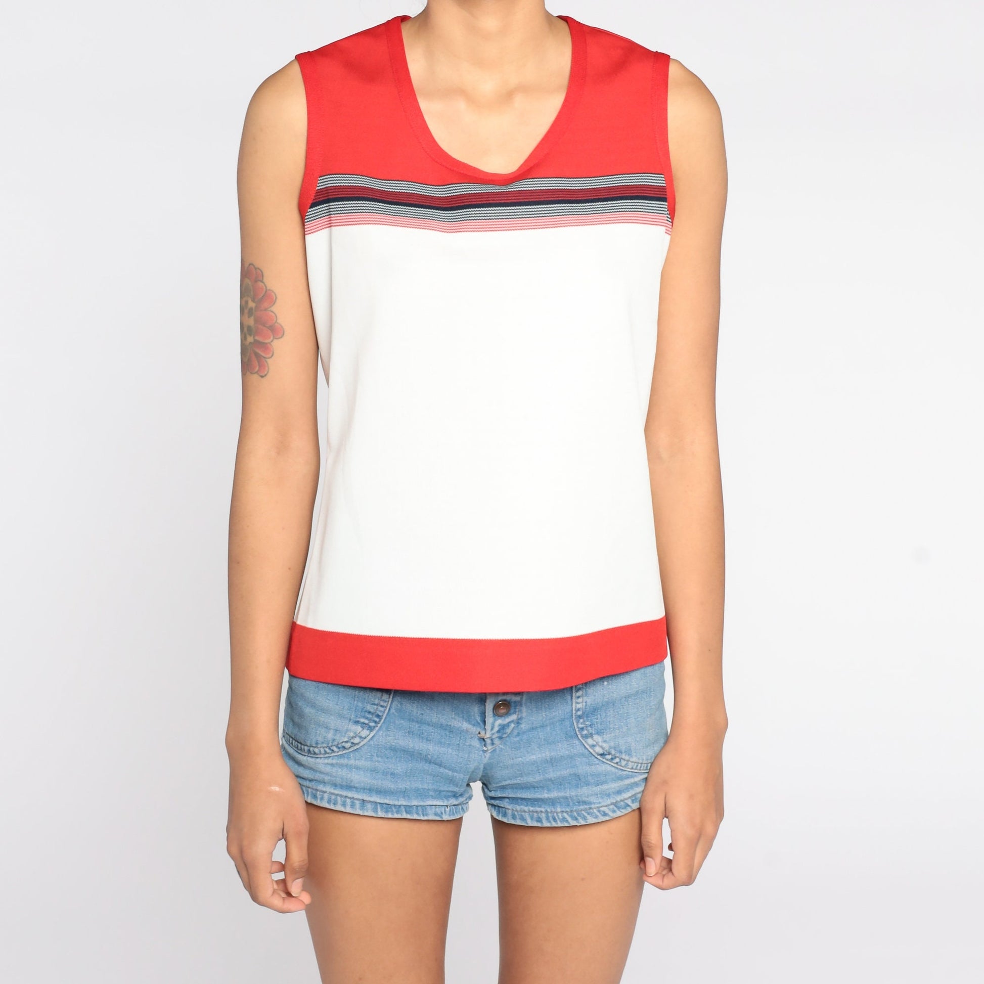 70s Striped Sleeveless Blouse Red White Polyester Knit Tank Small