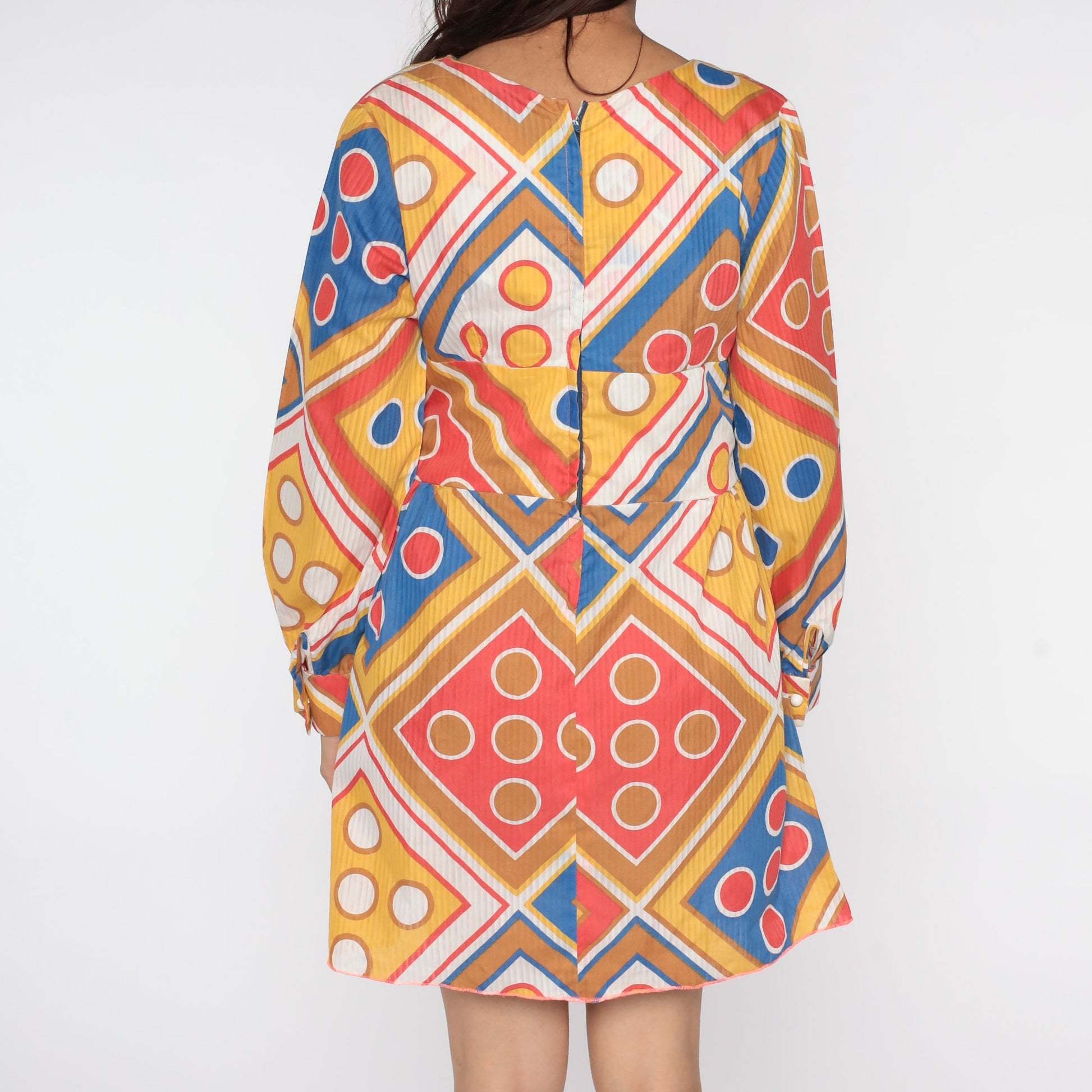 70s Geometric Print Babydoll Dress Empire Waist Mini Long Sleeve Yellow Blue Medium