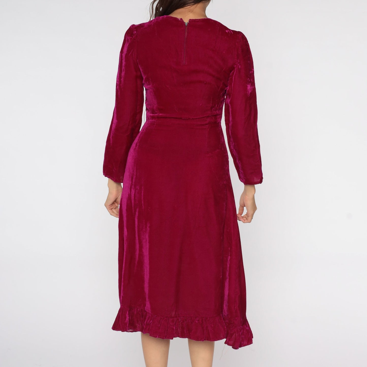 80s Raspberry Red Velvet Midi Dress High Waist Long Sleeve Small