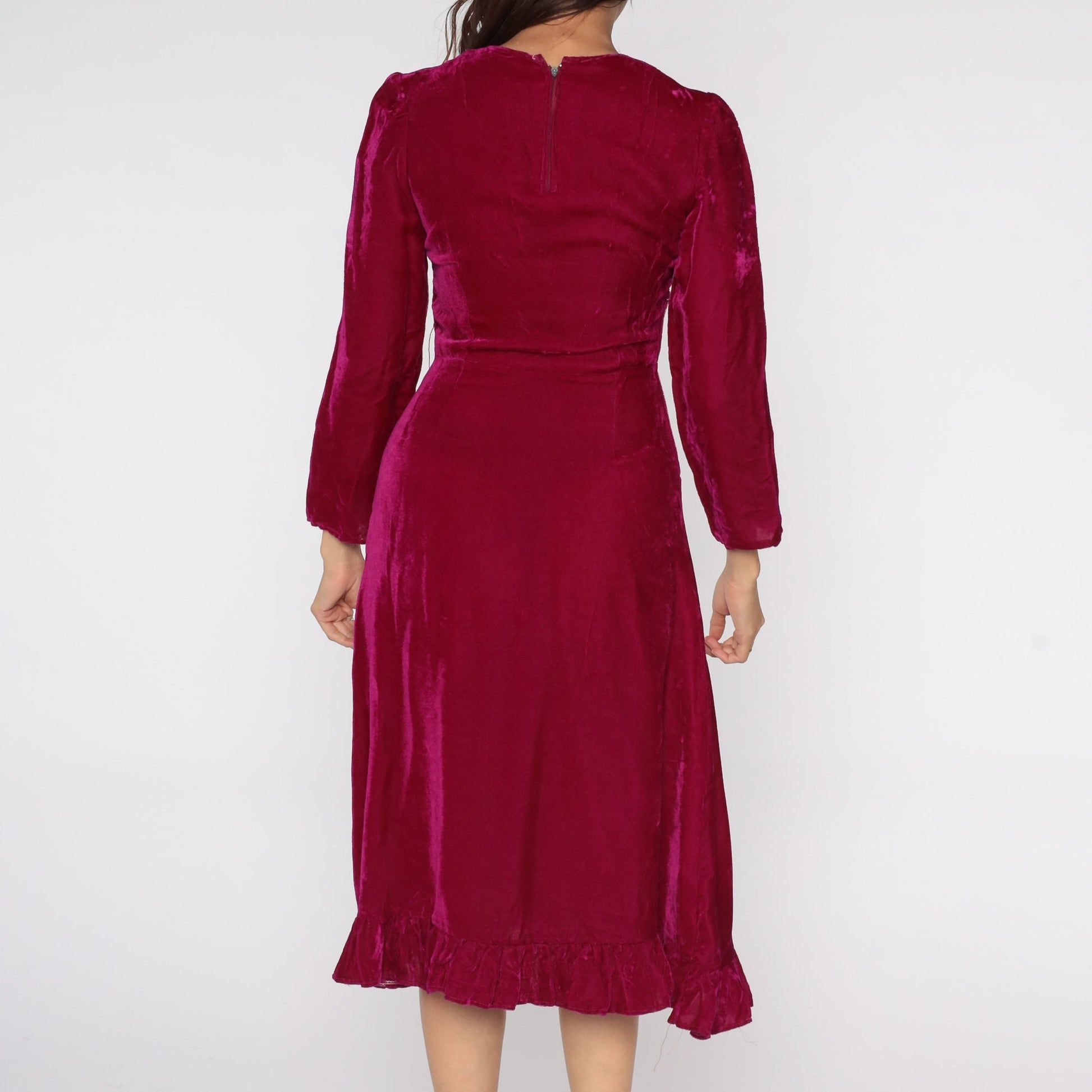 80s Raspberry Red Velvet Midi Dress High Waist Long Sleeve Small