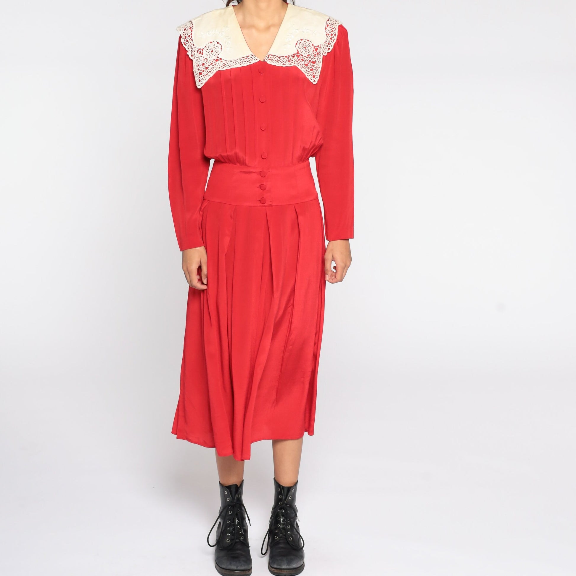 80s Red Midi Dress Lace Collar Button-Up Long Sleeve Small