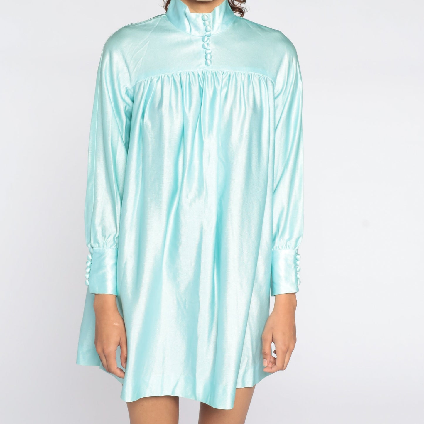 70s Blue Mock Neck Mini Dress Button-Up Tent Trapeze Cut Medium