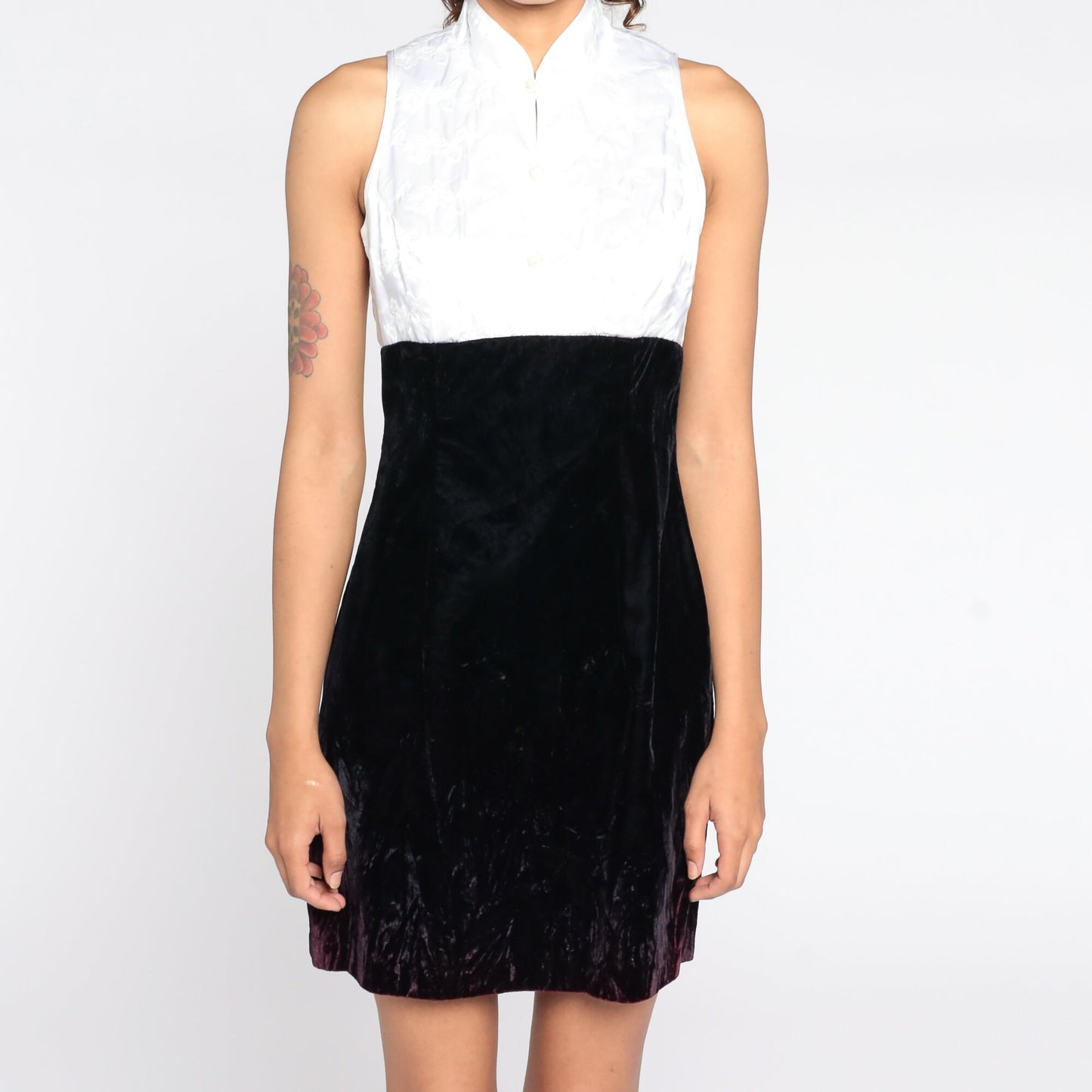 90s Zum Zum Black Velvet Mini Dress White Embroidered Bodice Small