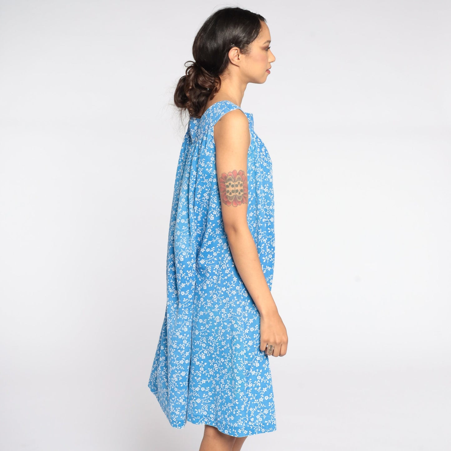 80s Blue Floral Trapeze Dress Sleeveless Knee-Length Large