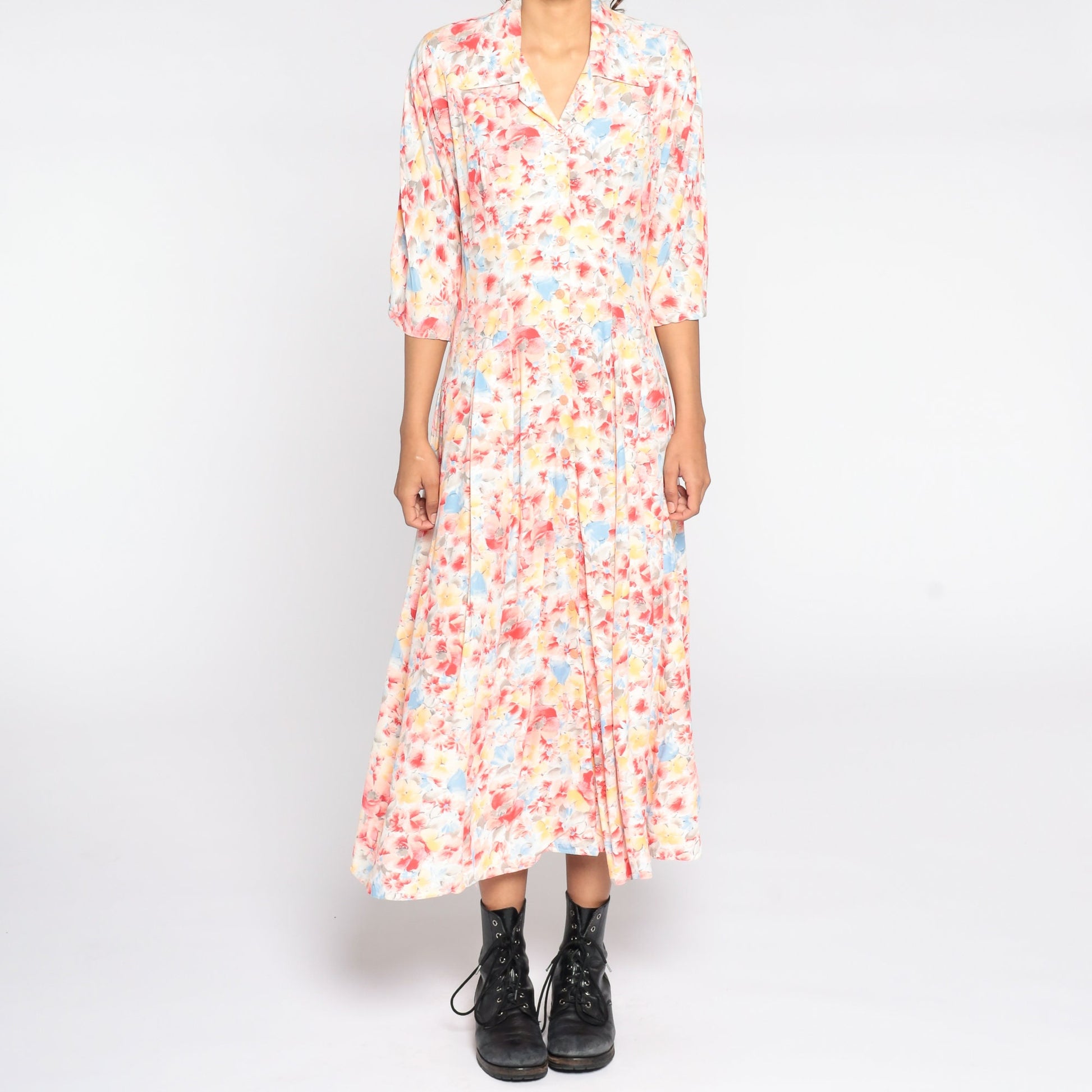 80s Floral Midi Shirtdress High Waist Button Front 3/4 Sleeve Small