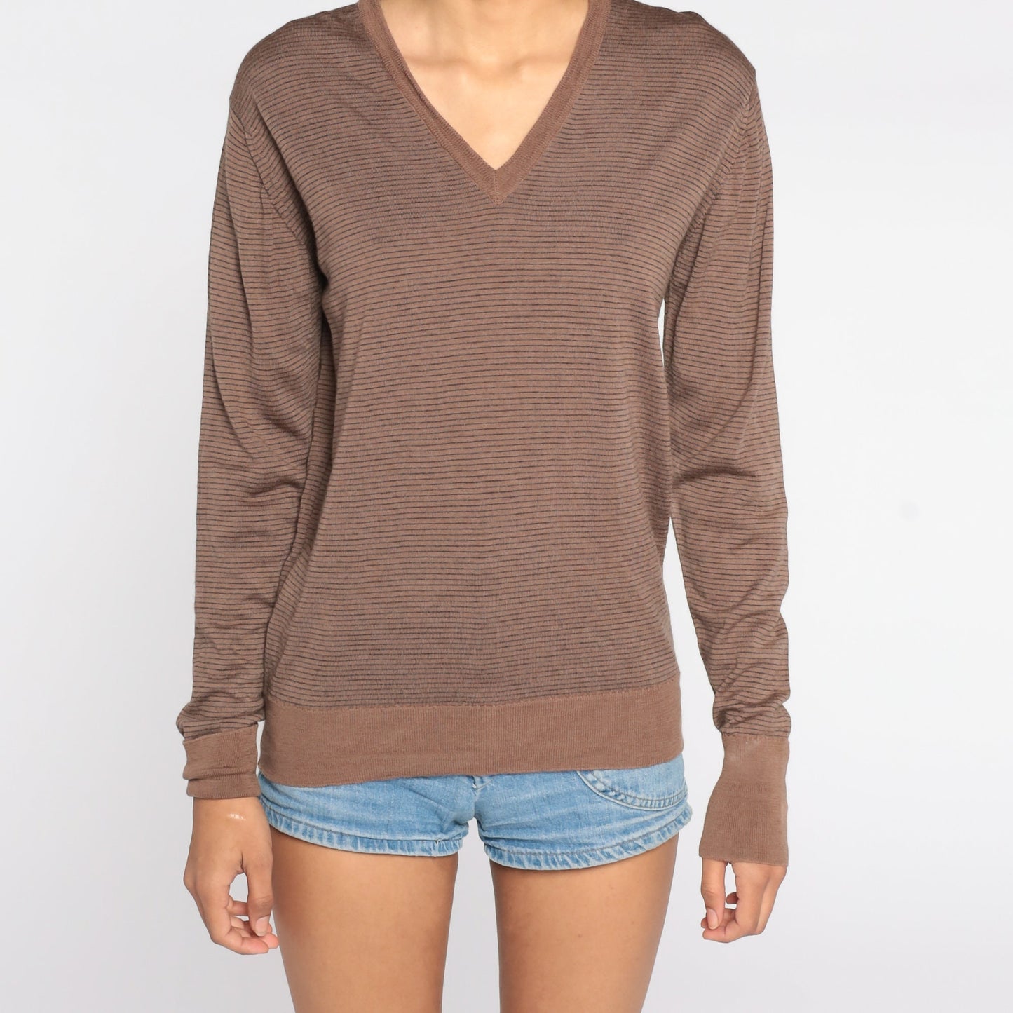 80s Brown Striped Wool V-Neck Sweater Pullover Medium