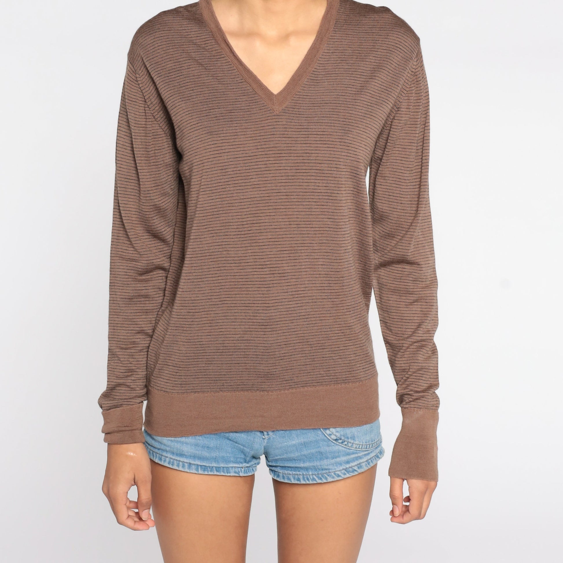 80s Brown Striped Wool V-Neck Sweater Pullover Medium