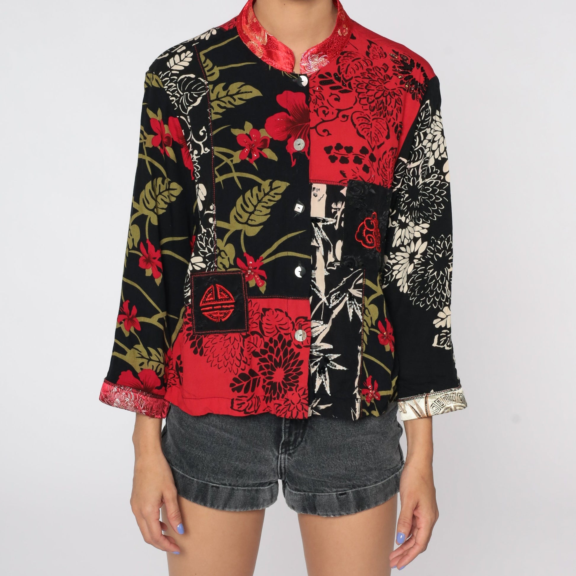 90s Floral Beaded Button Up Shirt Red Asian-Inspired Blouse Large L