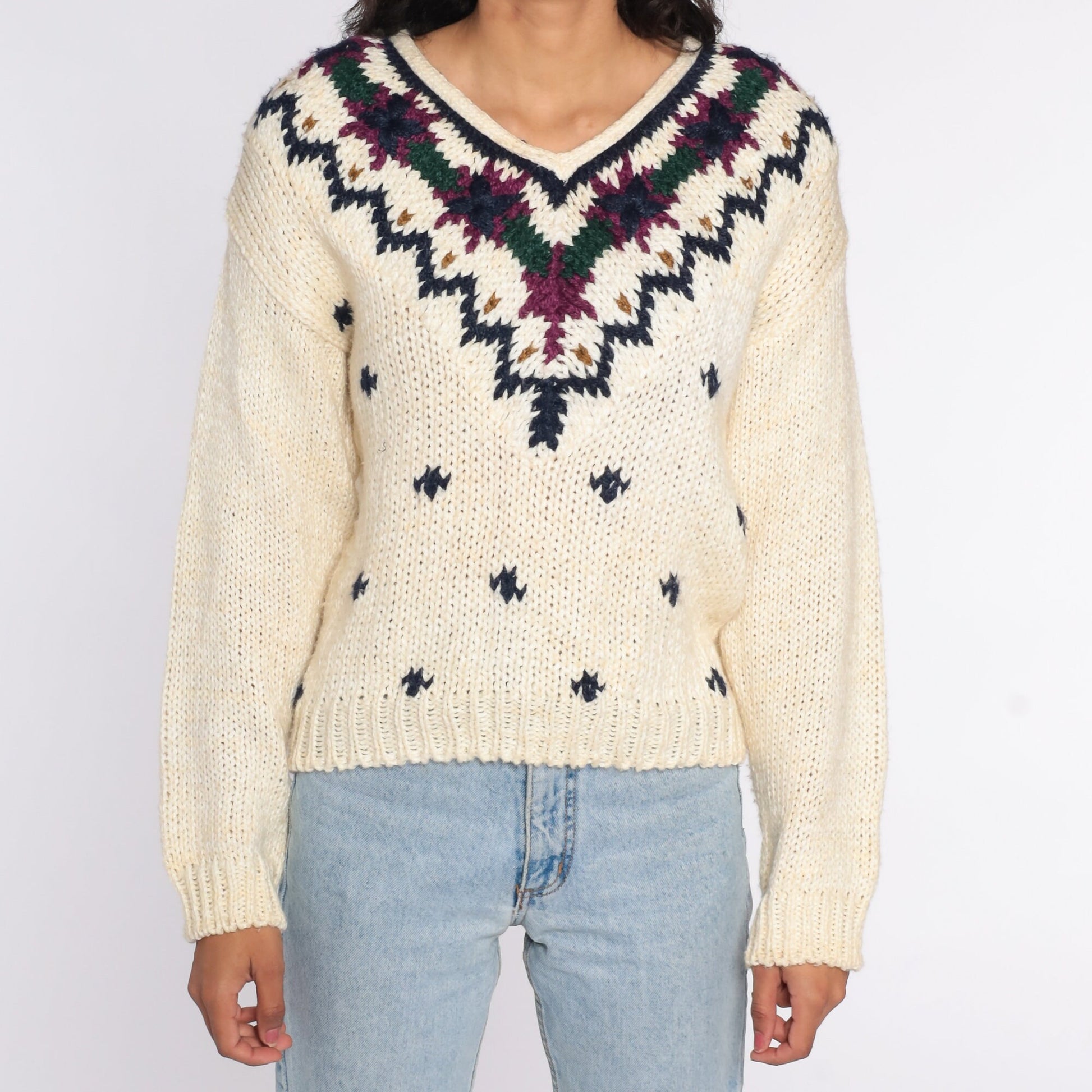 80s Cream Geometric V-Neck Sweater Knit Pullover Small