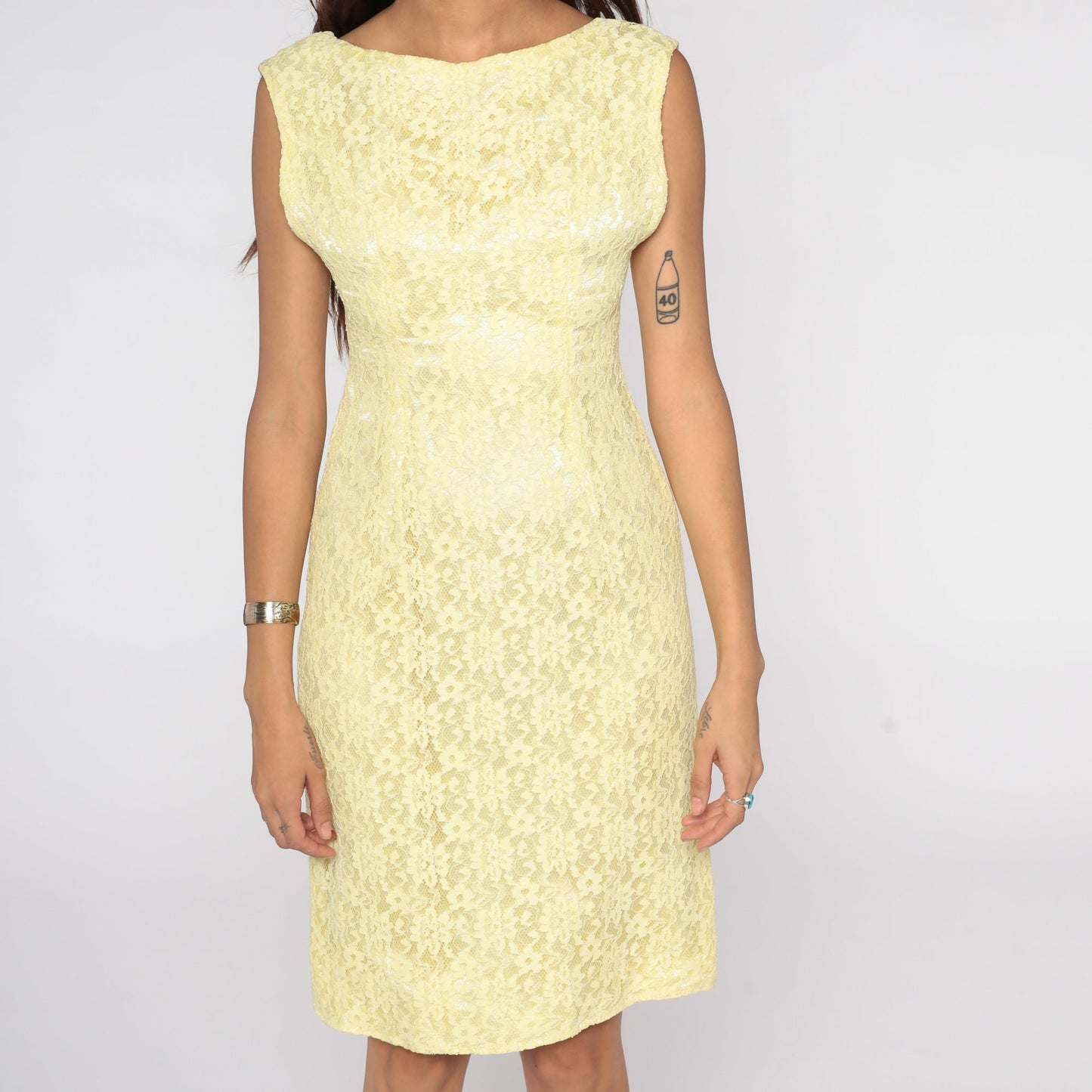 60s Yellow Lace Shift Cocktail Dress Mini Sleeveless Extra Small