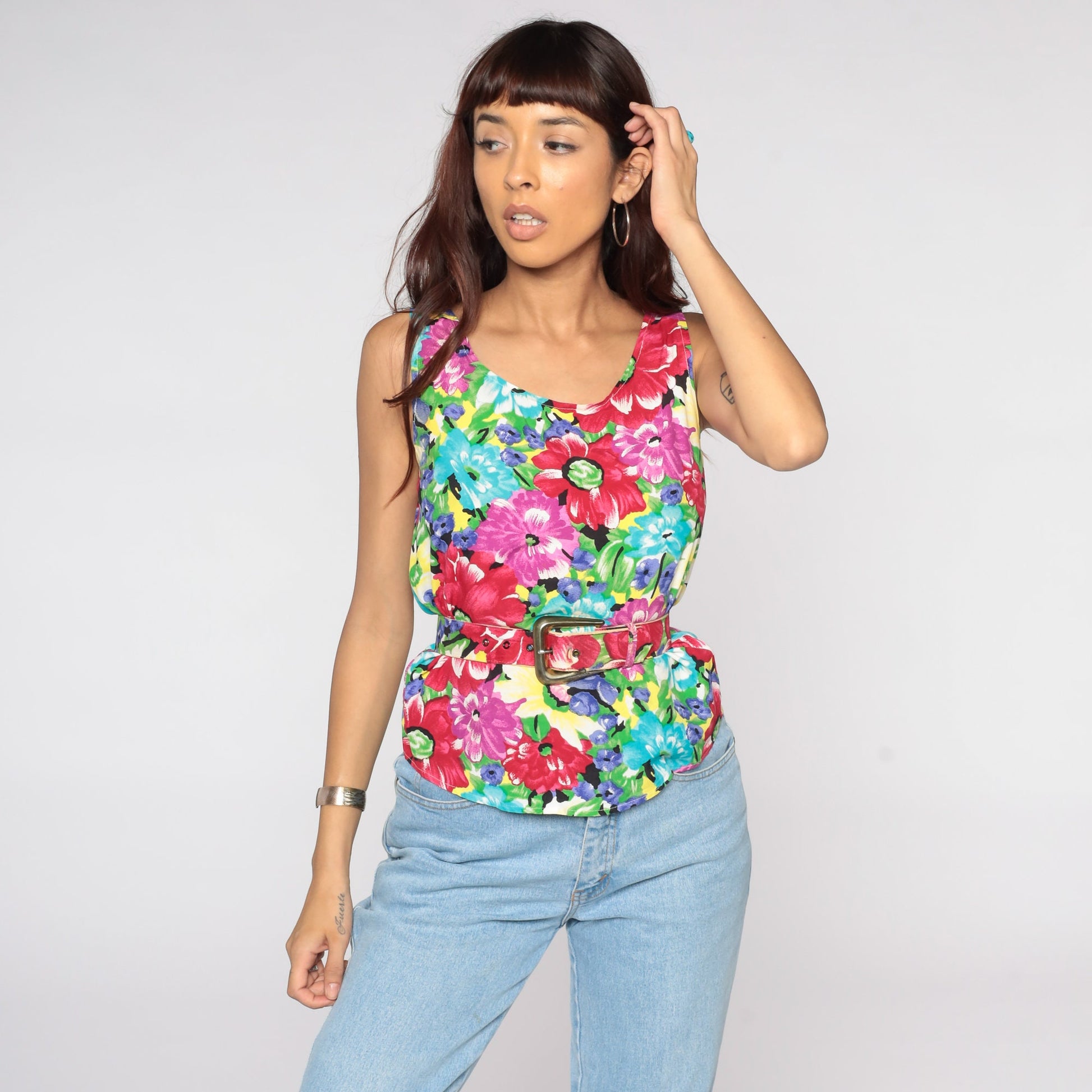 90s Floral Tank Top Sleeveless Blouse Belted Rayon Tropical Extra Small