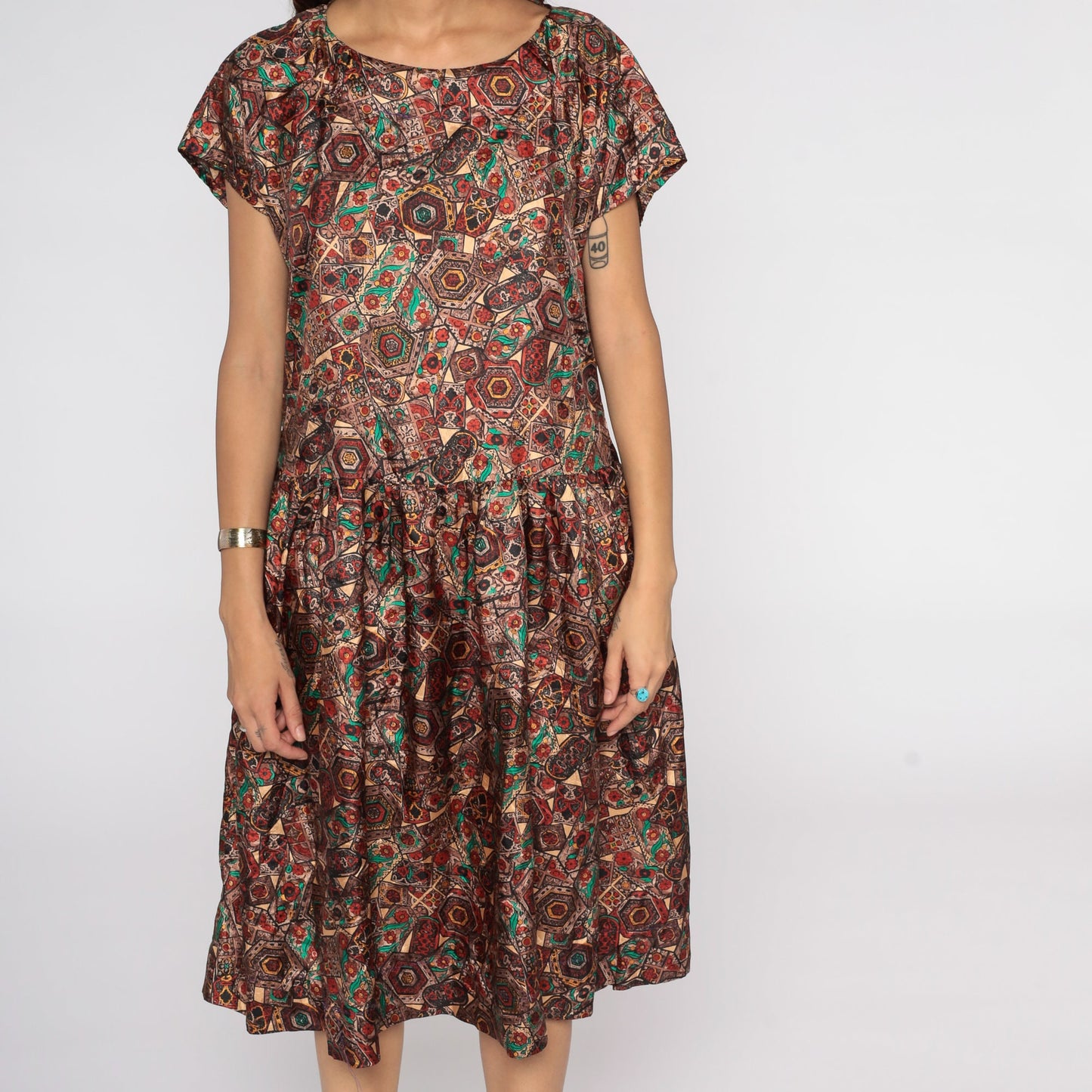 1960s Geometric Floral Midi Dress Drop Waist Short Sleeve Red Brown Medium