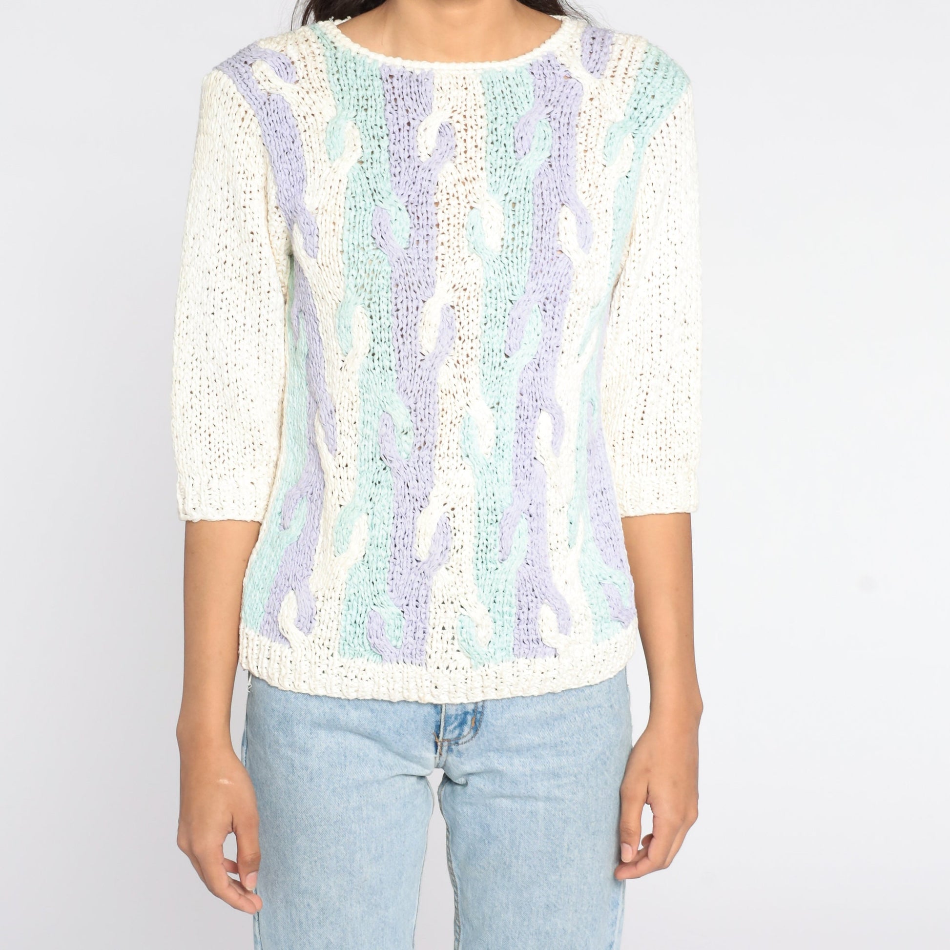 80s Pastel Abstract Cable Knit Sweater Blue Purple 3/4 Sleeve Medium
