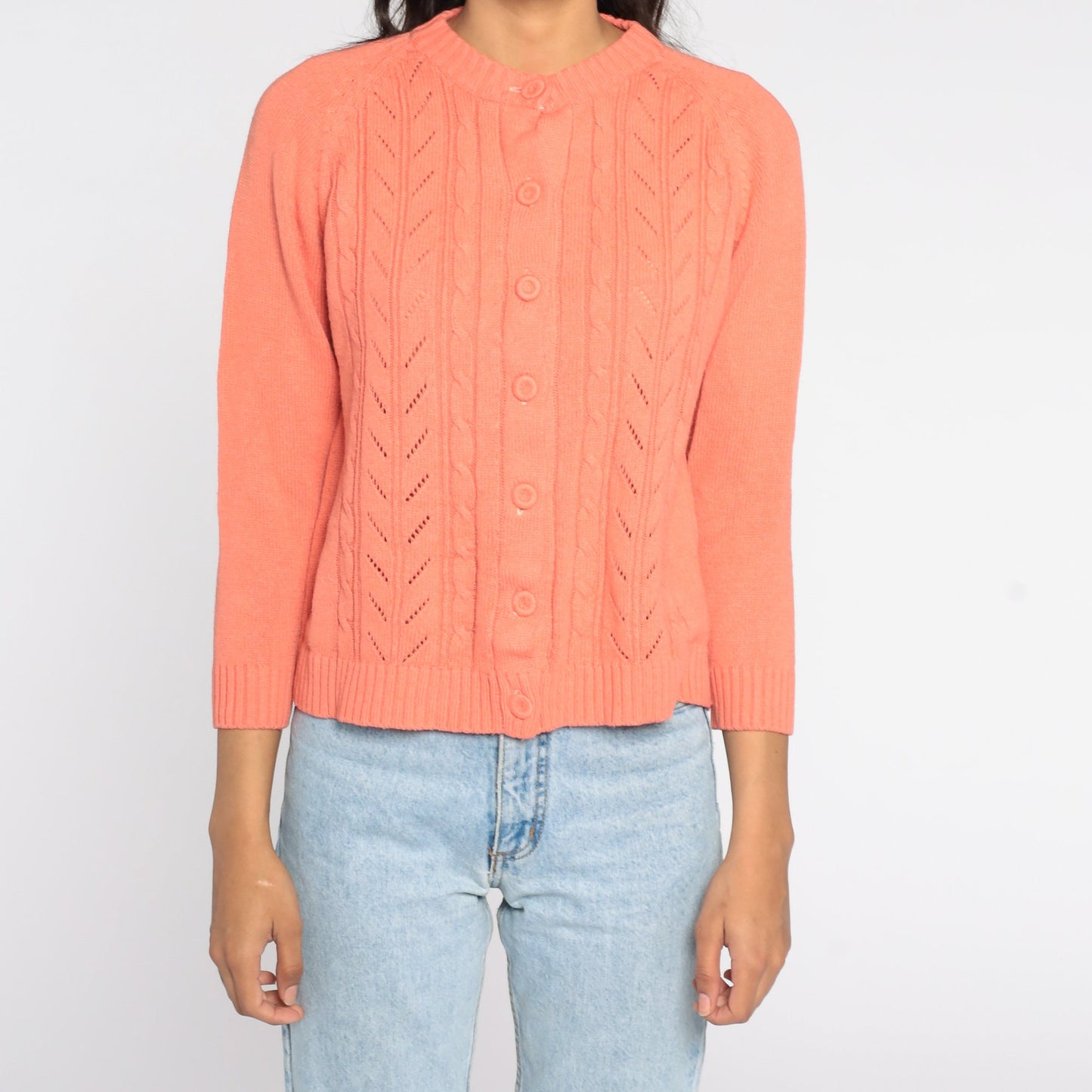 70s Salmon Pink Cable Knit Cardigan Button Up Sweater Small