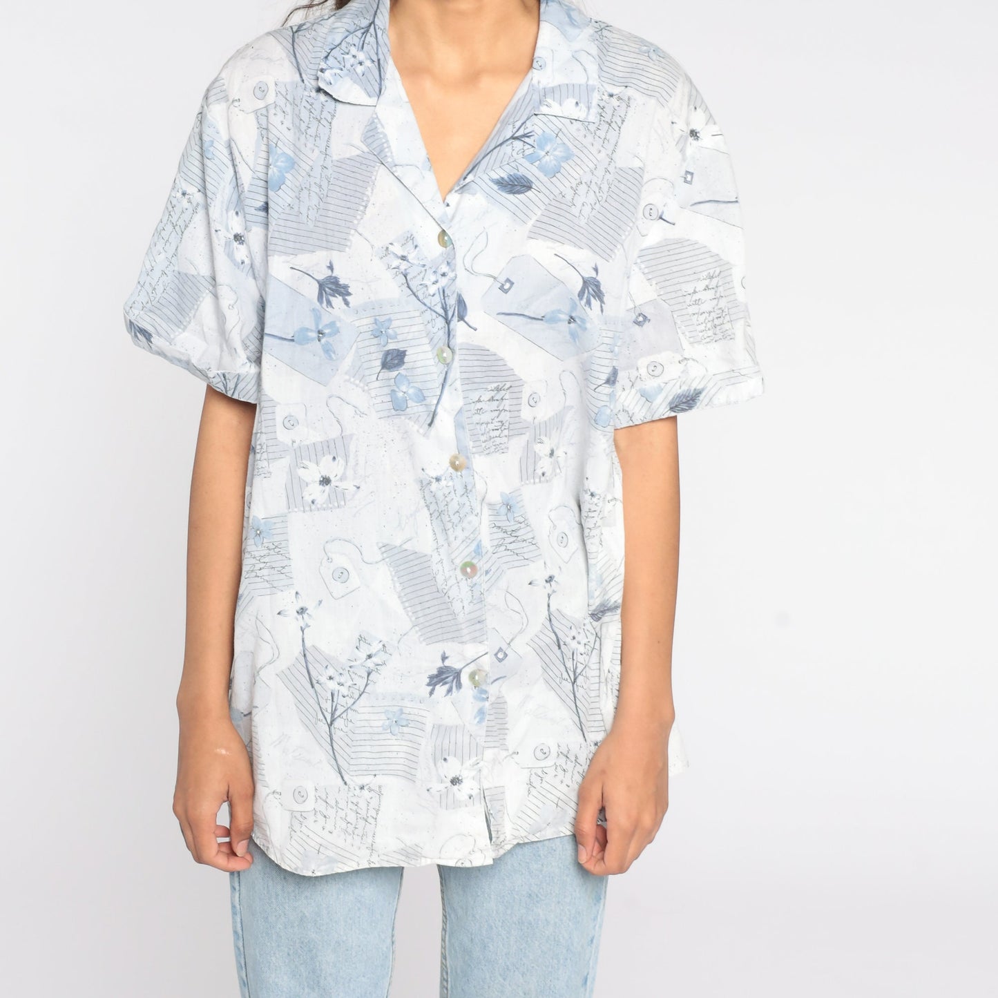 90s Floral Button Up Shirt Plus Size White Blue Short Sleeve Blouse XXL
