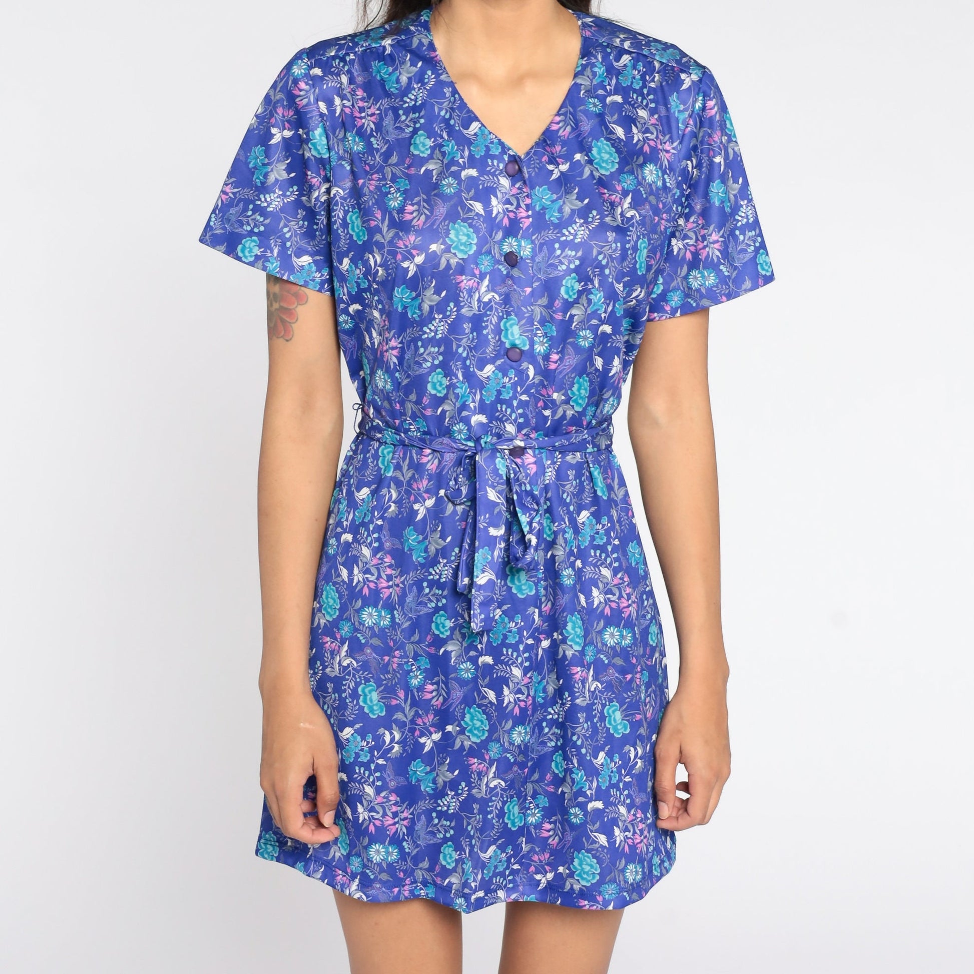 70s Purple Floral Mini Shift Dress Button-Up Short Sleeve Medium