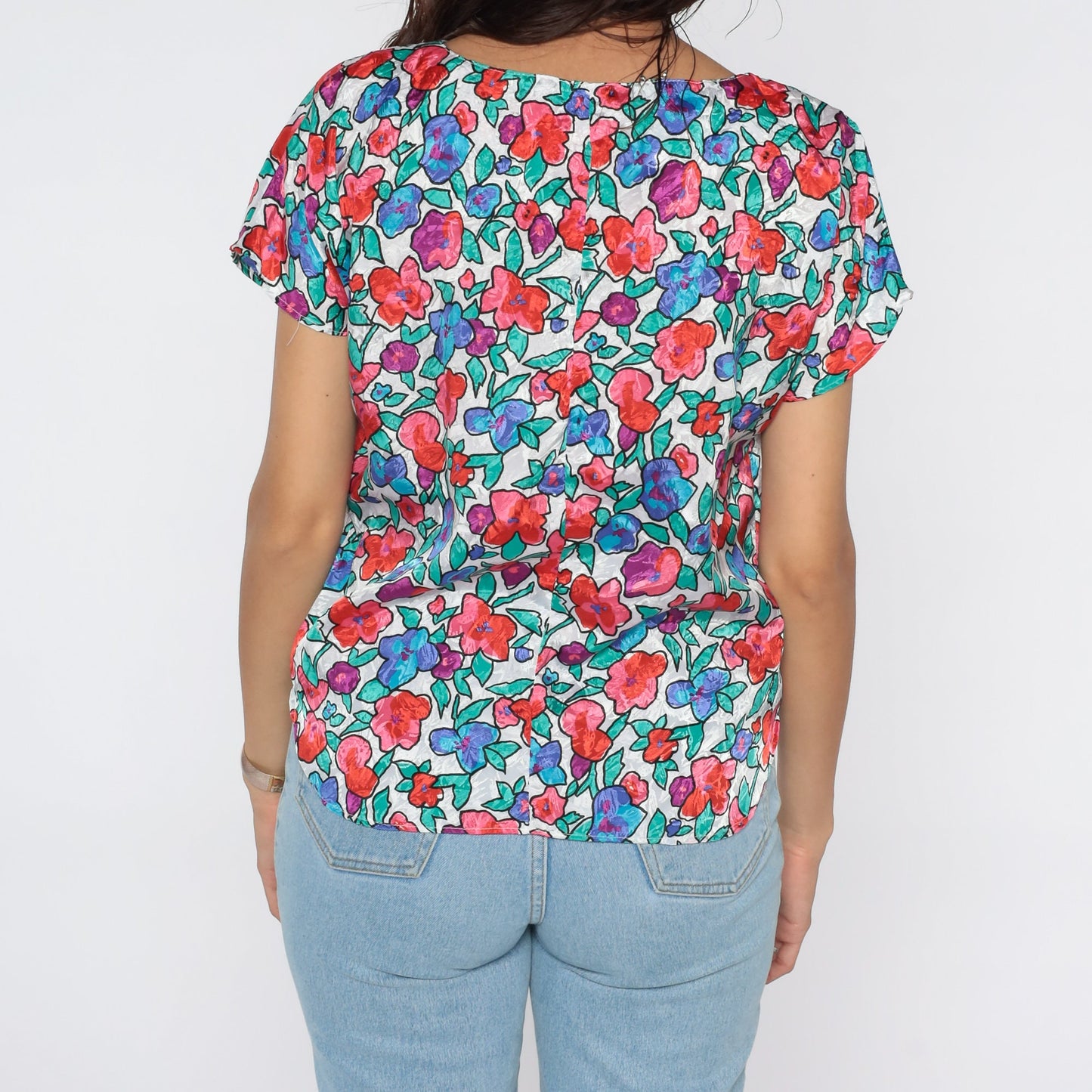 80s Floral Cap Sleeve Blouse White Green Pink Flower Print Small