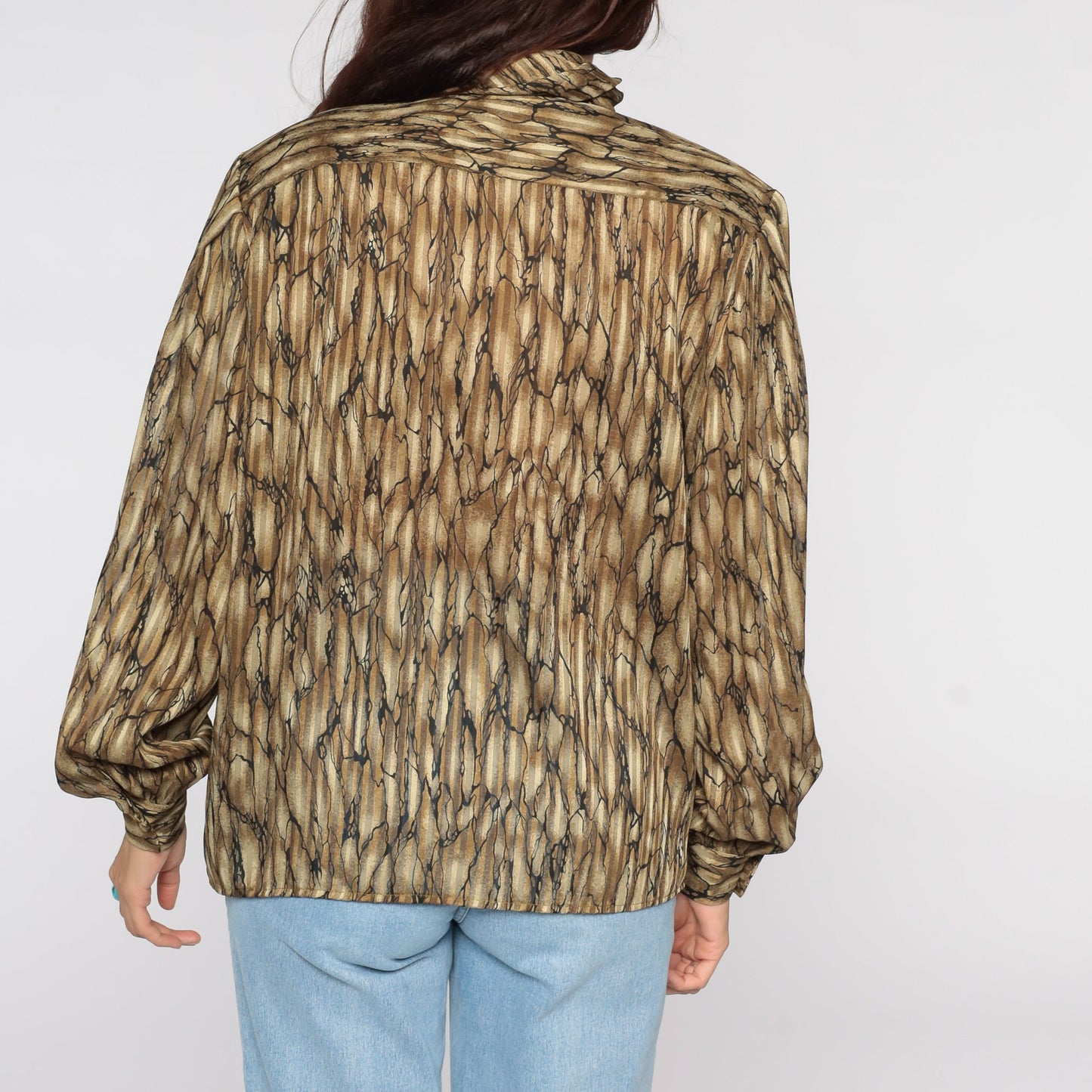 80s Striped Ascot Blouse Brown Long Sleeve Scarf Neck Top Large