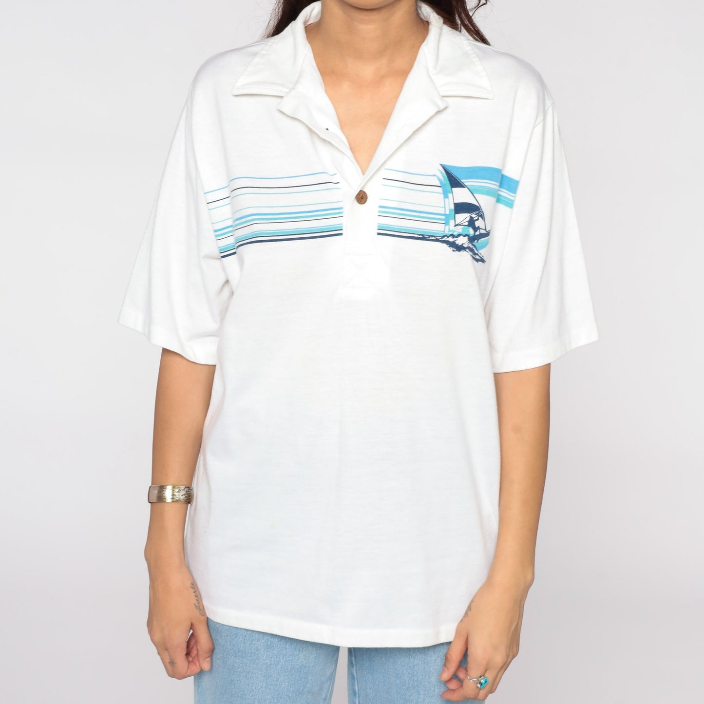 80s Windsurfing Polo Shirt Button Up Tropical Print White Medium Large