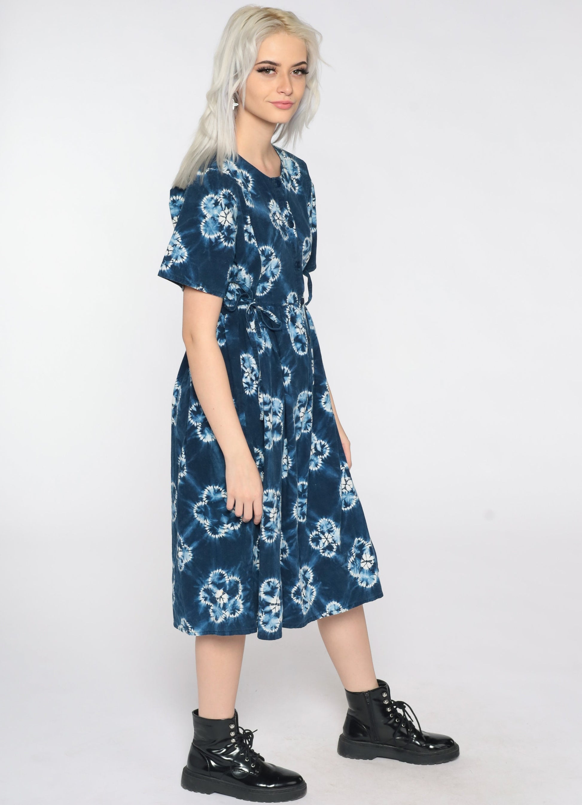 90s Tie Dye Midi Dress Blue Floral Empire Waist Button Front Cotton Medium