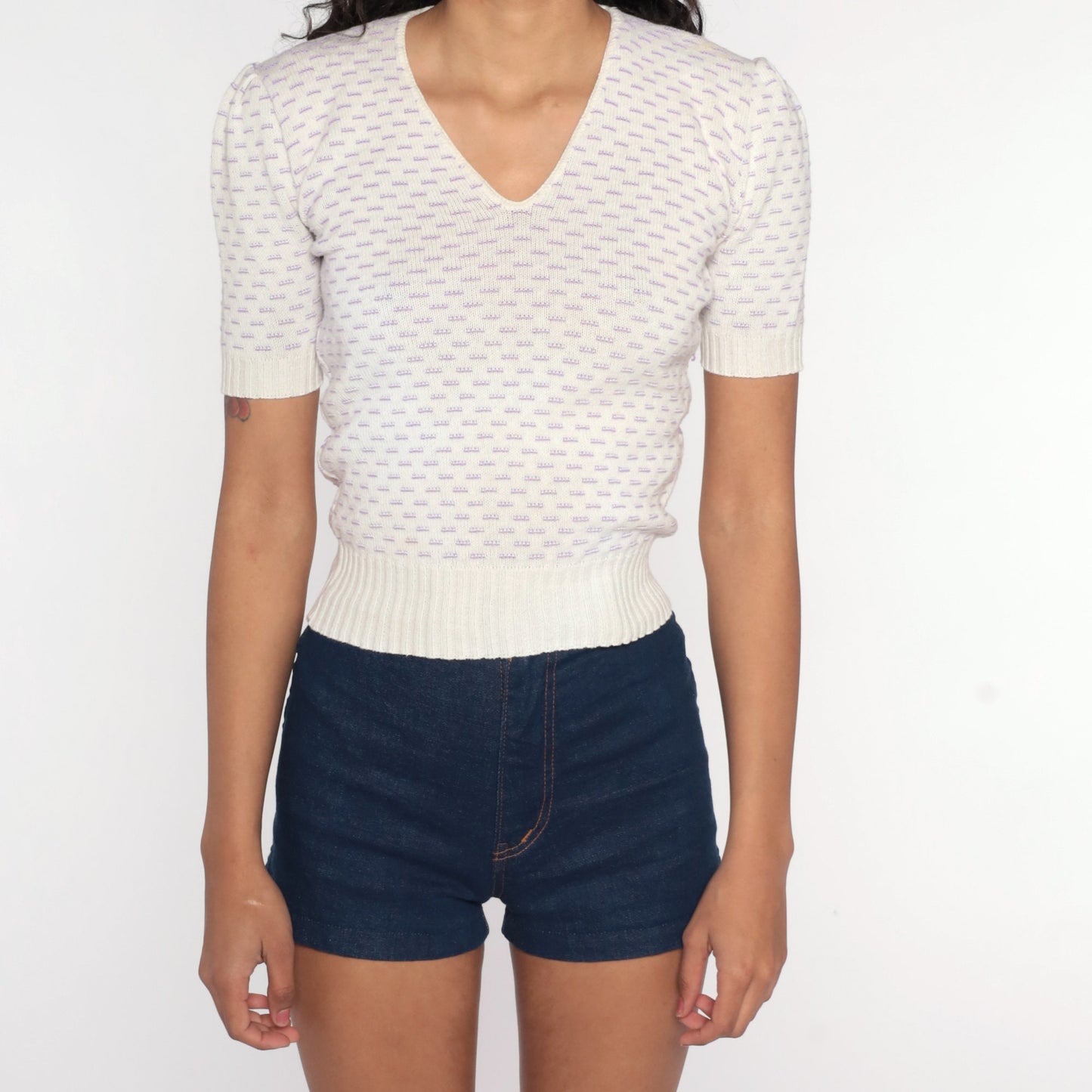 80s White Knit Puff Sleeve Top Cotton Short Sleeve Sweater XXS