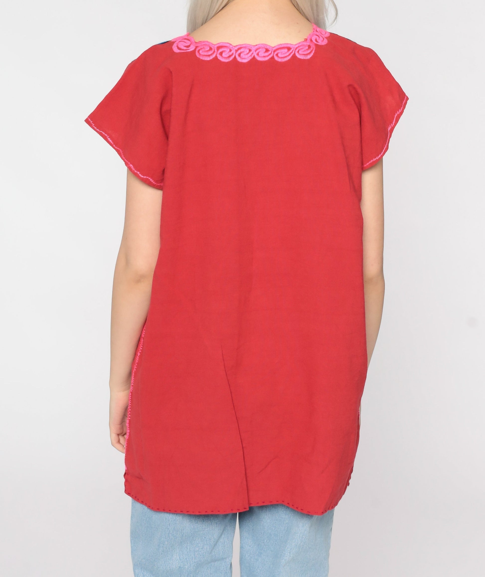 80s Red Embroidered Mexican Cotton Tunic Blouse Floral Short Sleeve Large
